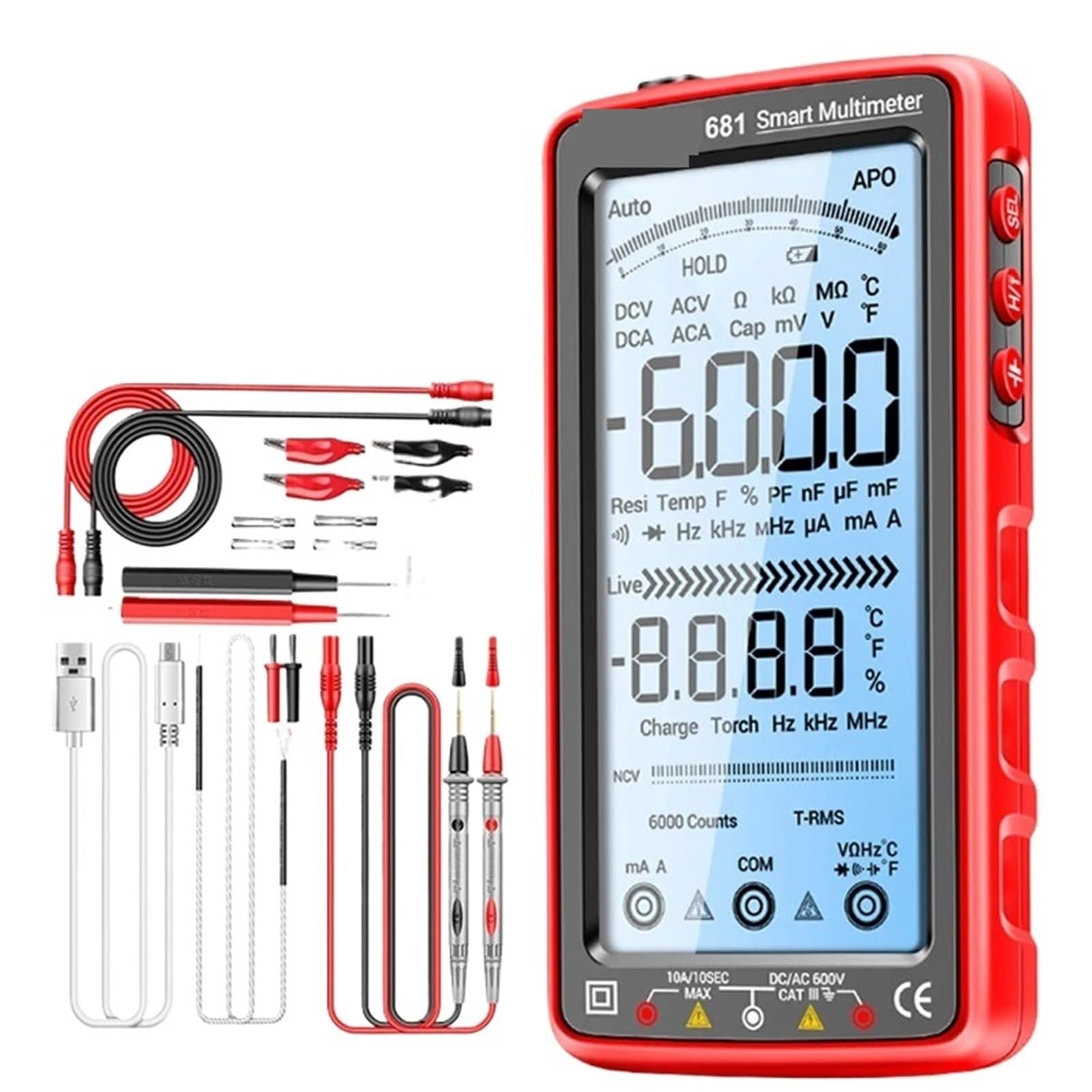 Multimetro Digital, Multímetro digital profesional recargable, comprobador de voltaje sin contacto, medidor de voltaje CA/CC, pantalla LCD, comprobador de corriente