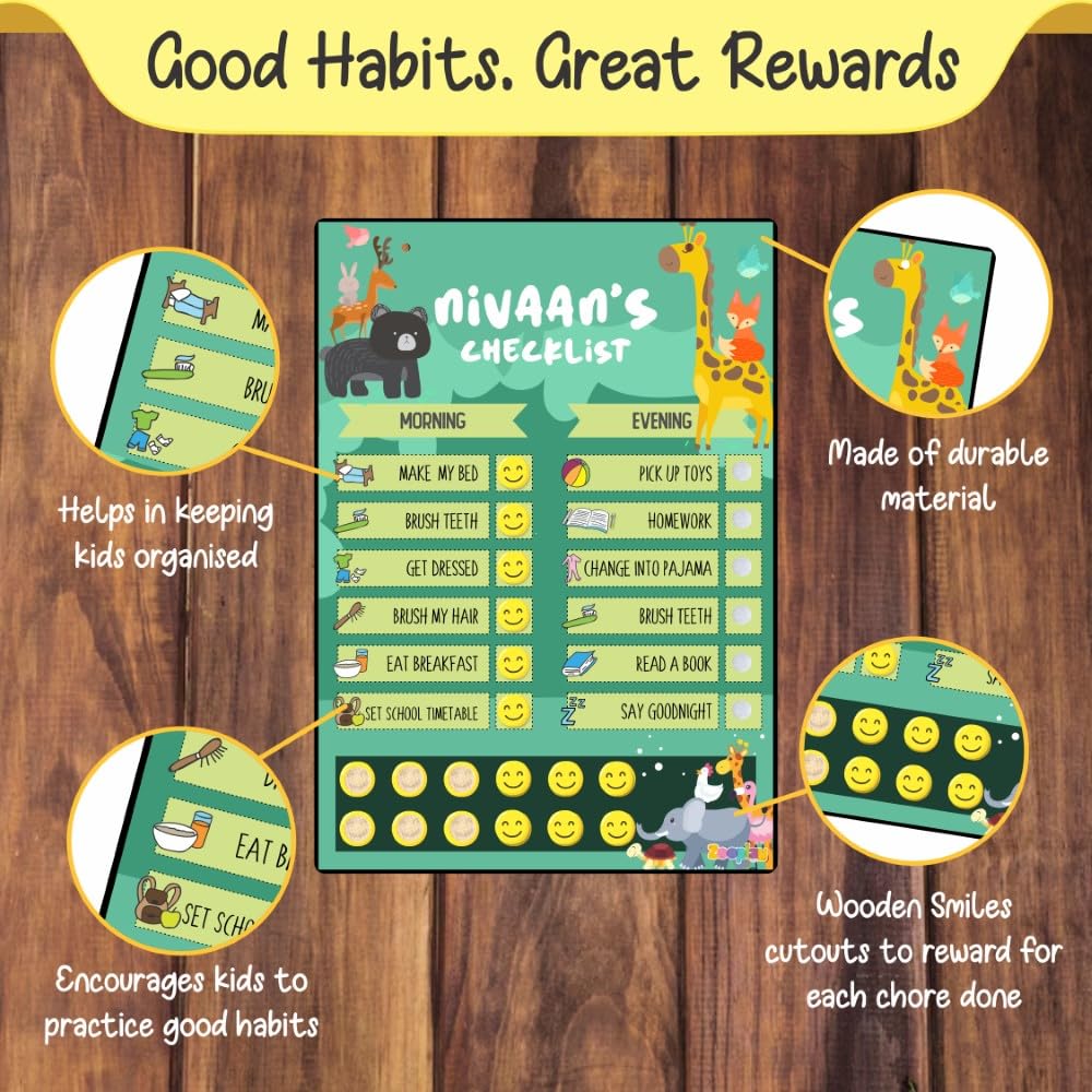 Zooplay India Personalized Daily Reward Chart- Wild Adventures I Reusable Wooden Checklist with Smilies, Detachable I Healthy Habits trackerTool for KidsI Daily Chores Tracker (Pack of 1) - Image 2 thumbnail