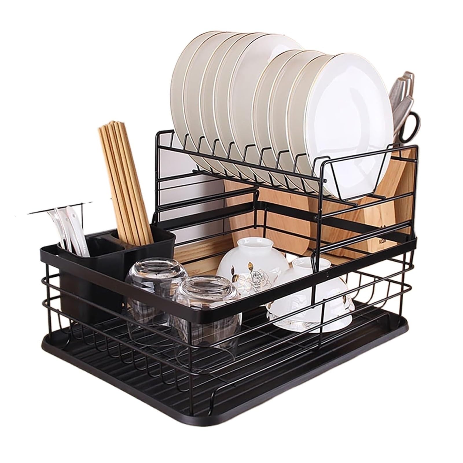 AVkgwrtb Dish Drying Rack, 2 Tier Aluminum Dish Drying Rack With Utensil Holder, Multicolor(Black)