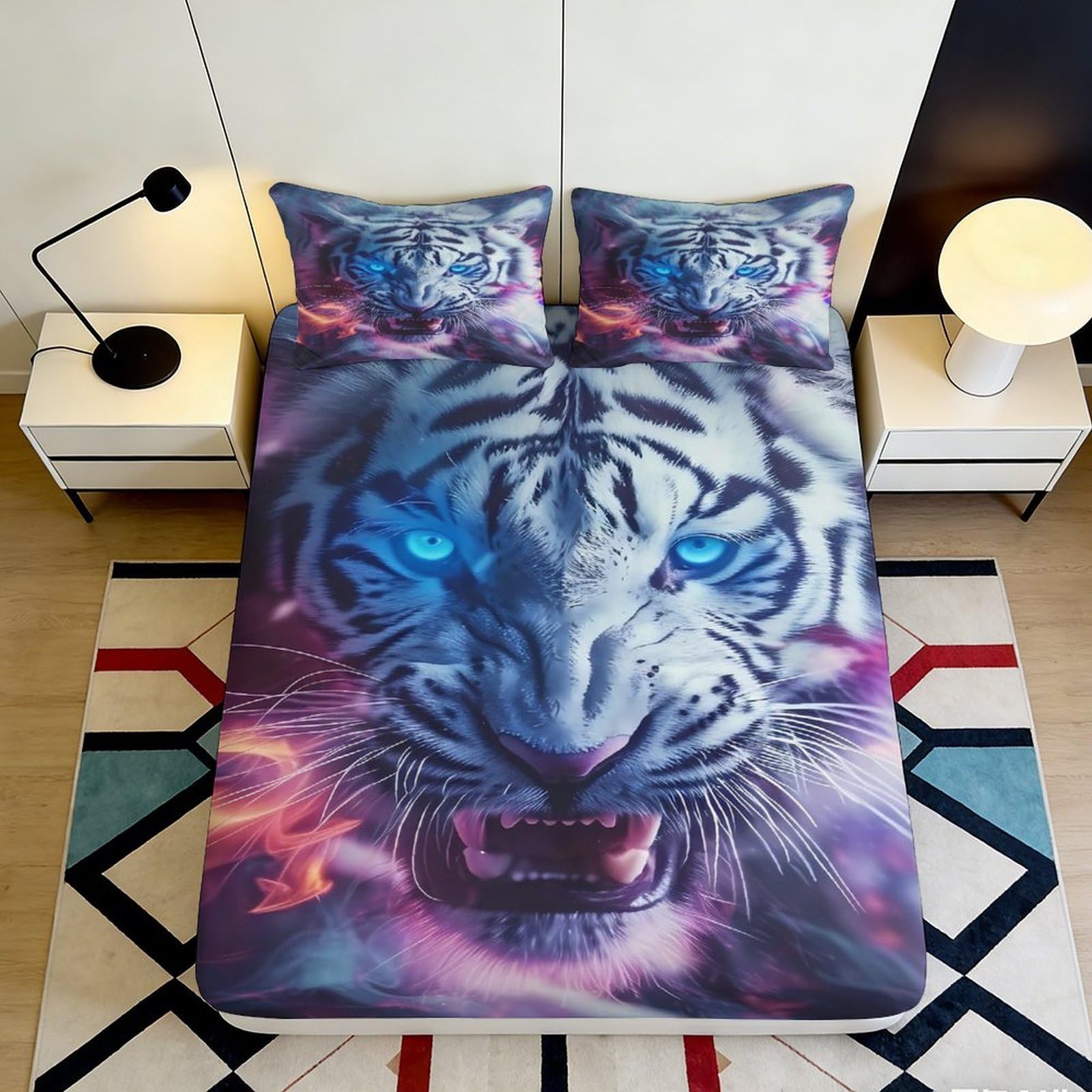 3D Printed Blue Tiger Fitted Sheet Microfiber Soft Breathable Neon Jungle Mattress Cover for Bedroom Dorm Decor 90x200x25cm