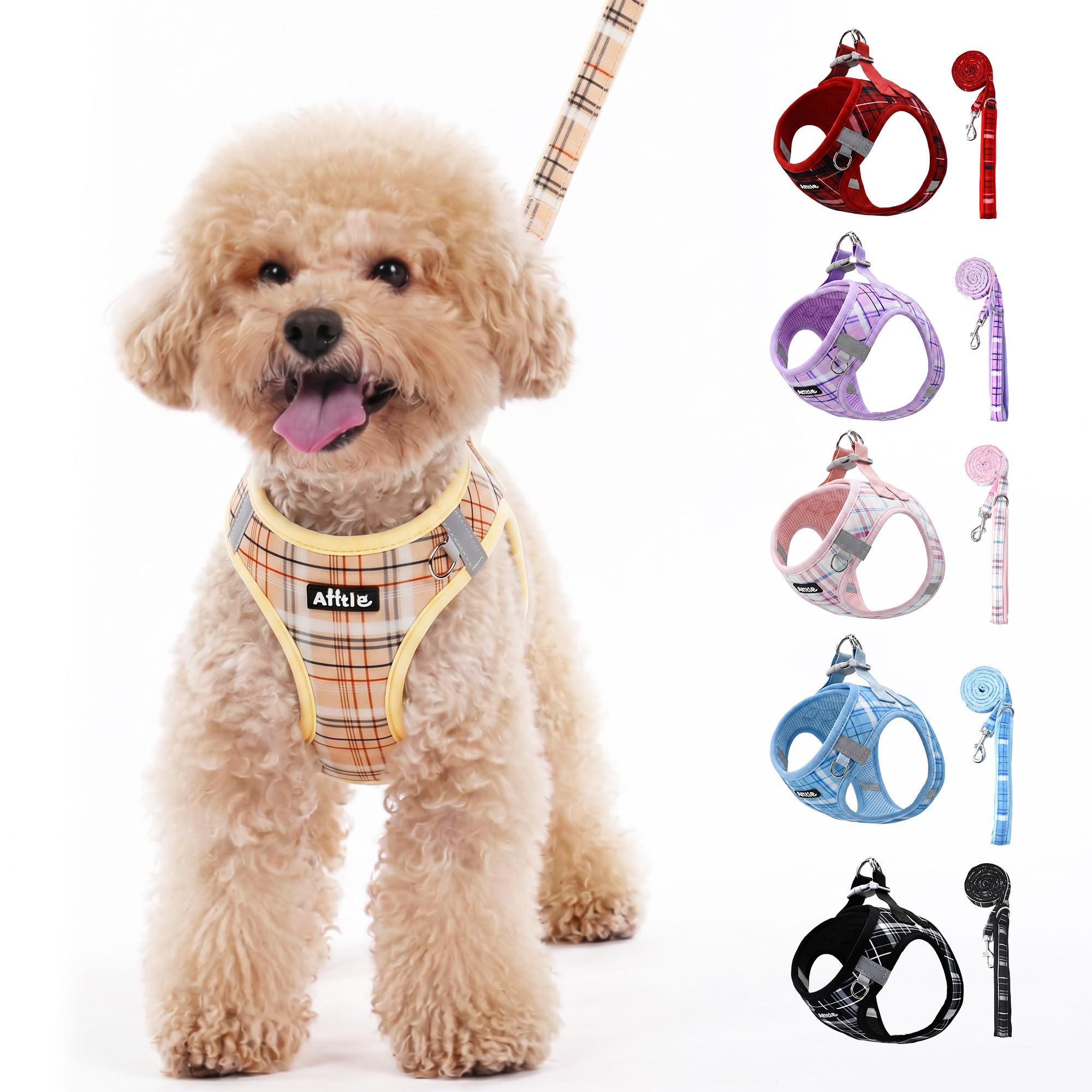 AIITLE No Pull Dog Harness and Leash Set, Step in Easy Fit Reflective Vest Harness for Small Medium Dogs, Adjustable Choke Free Plaid Harness for Walking, Jogging, Training, Beige M