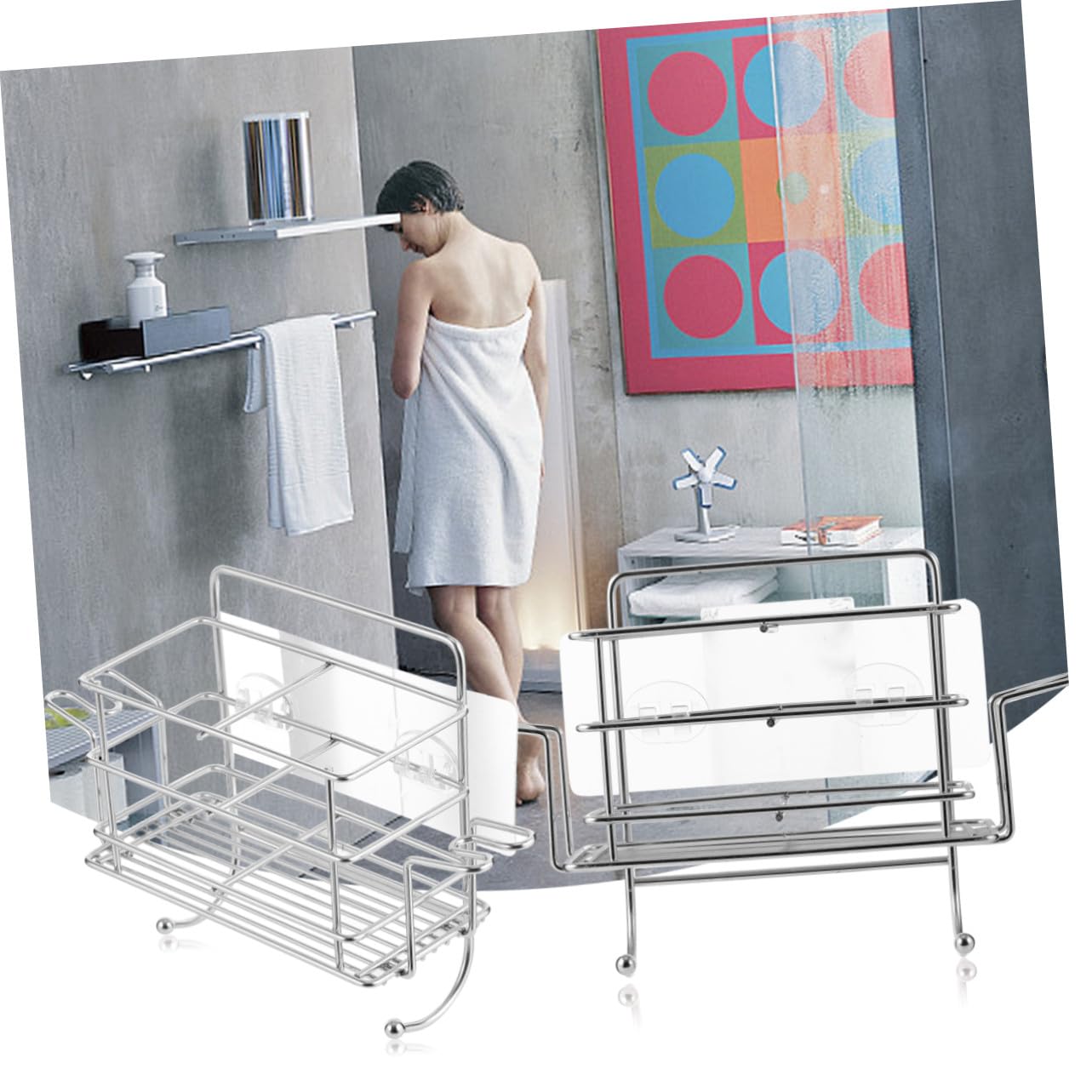 Estante de Ducha para Colgar Diseño sin Perforaciones en Acero Inoxidable Plata, Organizador para Baño Soporte para Cepillos y Capacidad para 2 Tazas