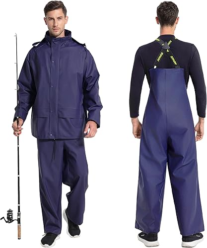 Miniatura 6 de Men's Pro Workwear Rain Suit 3-Piece Waterproof Jacket with Zip Hood & Bib Pant Heavy-Duty PU for Industrial & Work