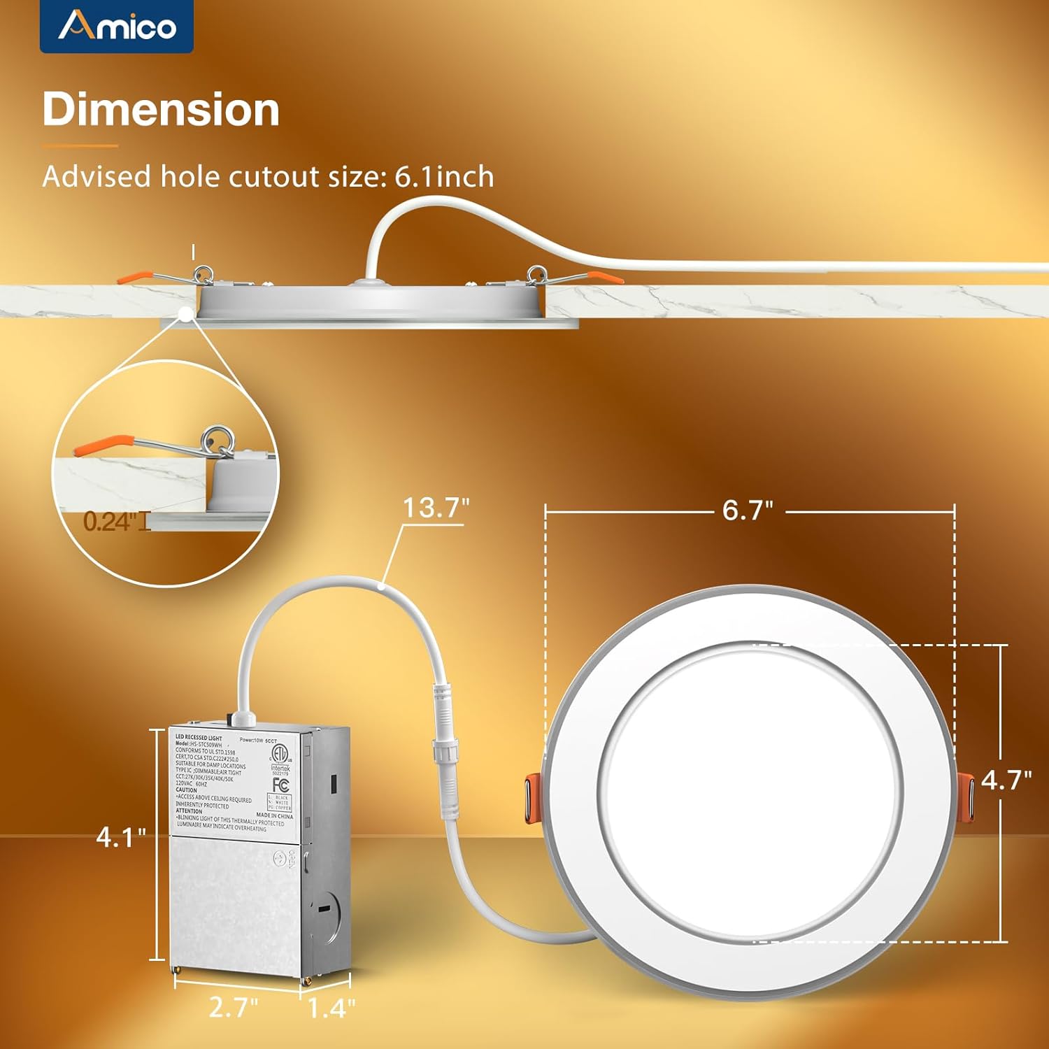 Amico 6 Pack 6 Inch 5CCT LED Recessed Ceiling Light with Double Ring Night Light, 2700-5000K Selectable Ultra-Thin Recessed Lighting, 12W=110W, 1100LM, Dimmable Canless Wafer Downlight, ETL, FCC
