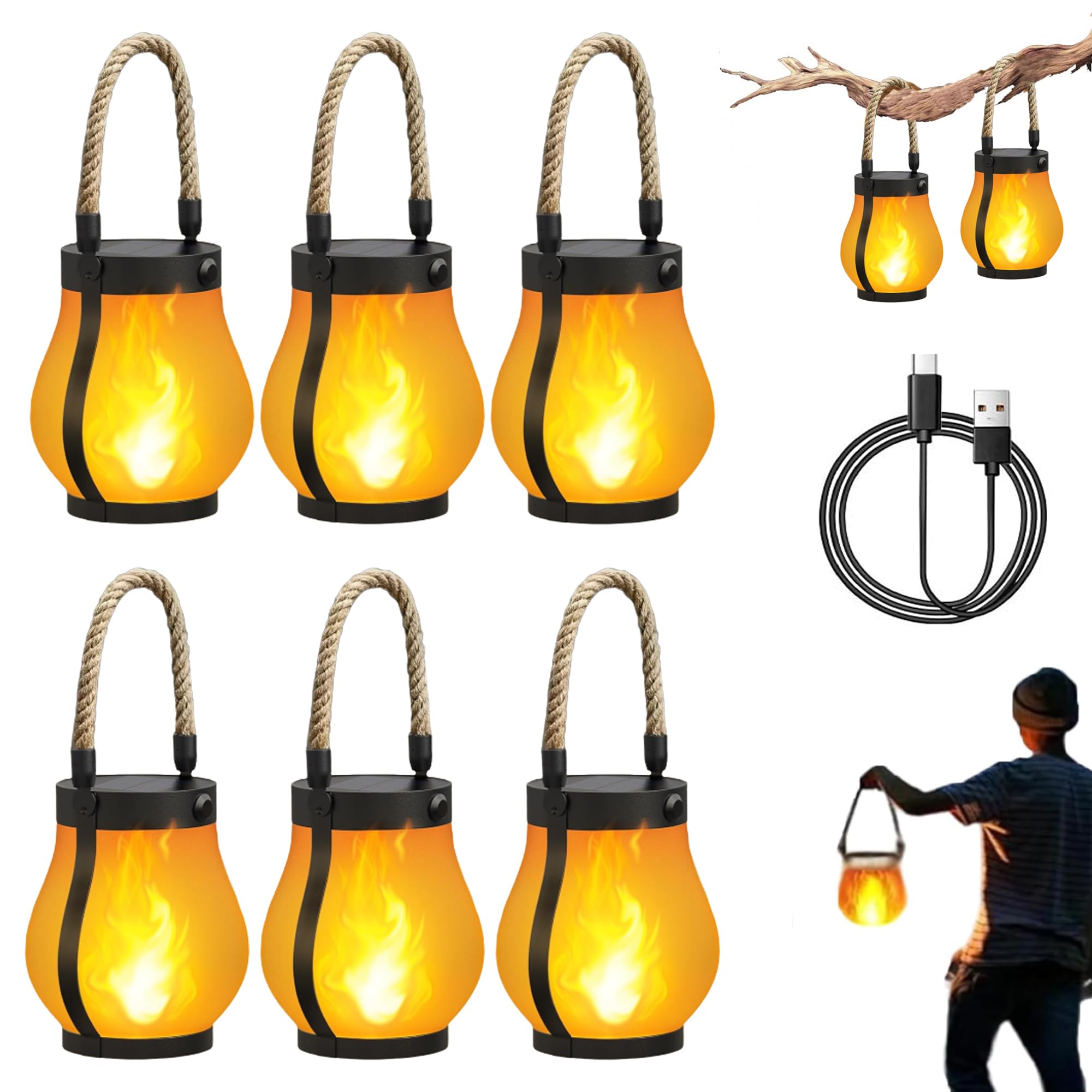 Lysliv Solar Lantern Outdoor Lights Waterproof, Dancing Flame Solar Lantern Outdoor Lights, Kaligo Hemp Rope Hanging Flame Lanterns for Garden Yard Decorations (6 Pcs)