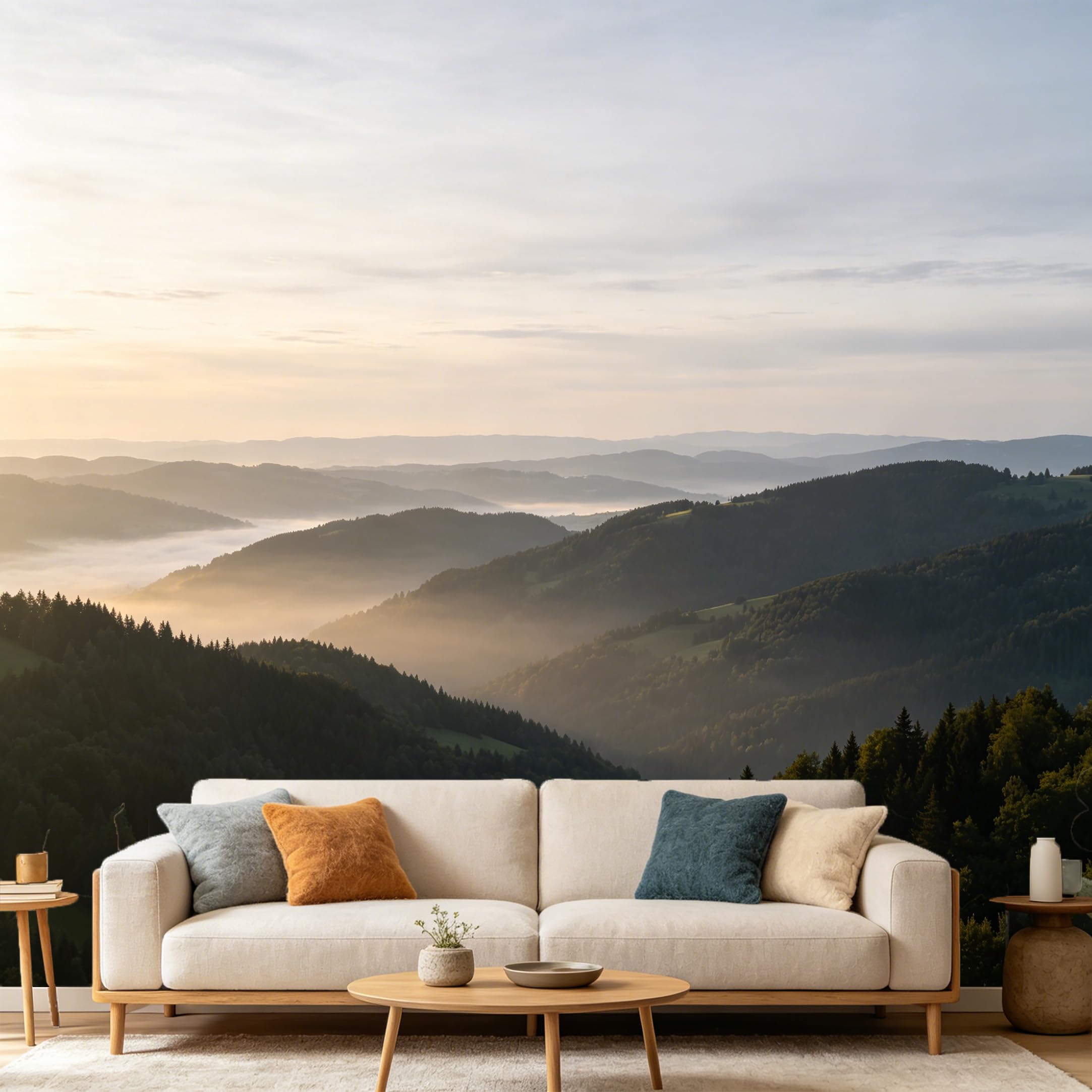 Custom Size Wall Mural Mountain Landscape Sunrise Mist Forest Valley SelfAdhesive Art Prints wall Fabric（No PVC） Removable Wallpaper Home Bedroom Decor