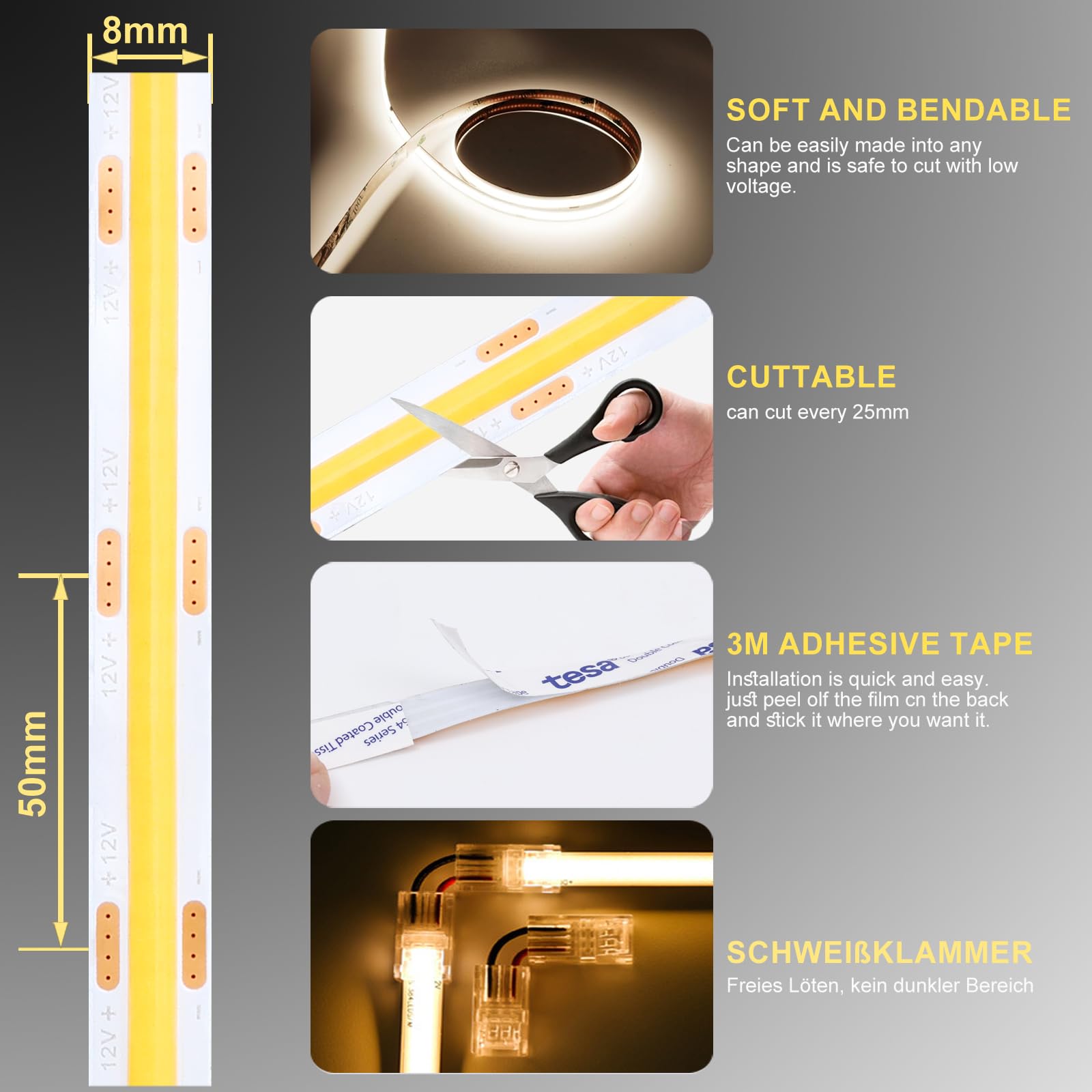 Striscia LED COB da 5 m, 24 V, con telecomando RF/Smart App/Alexa e dimmerabile, 2700 K, luce bianca calda, 320 LED/M LED per cucina, bagno, camera da letto fai da te.