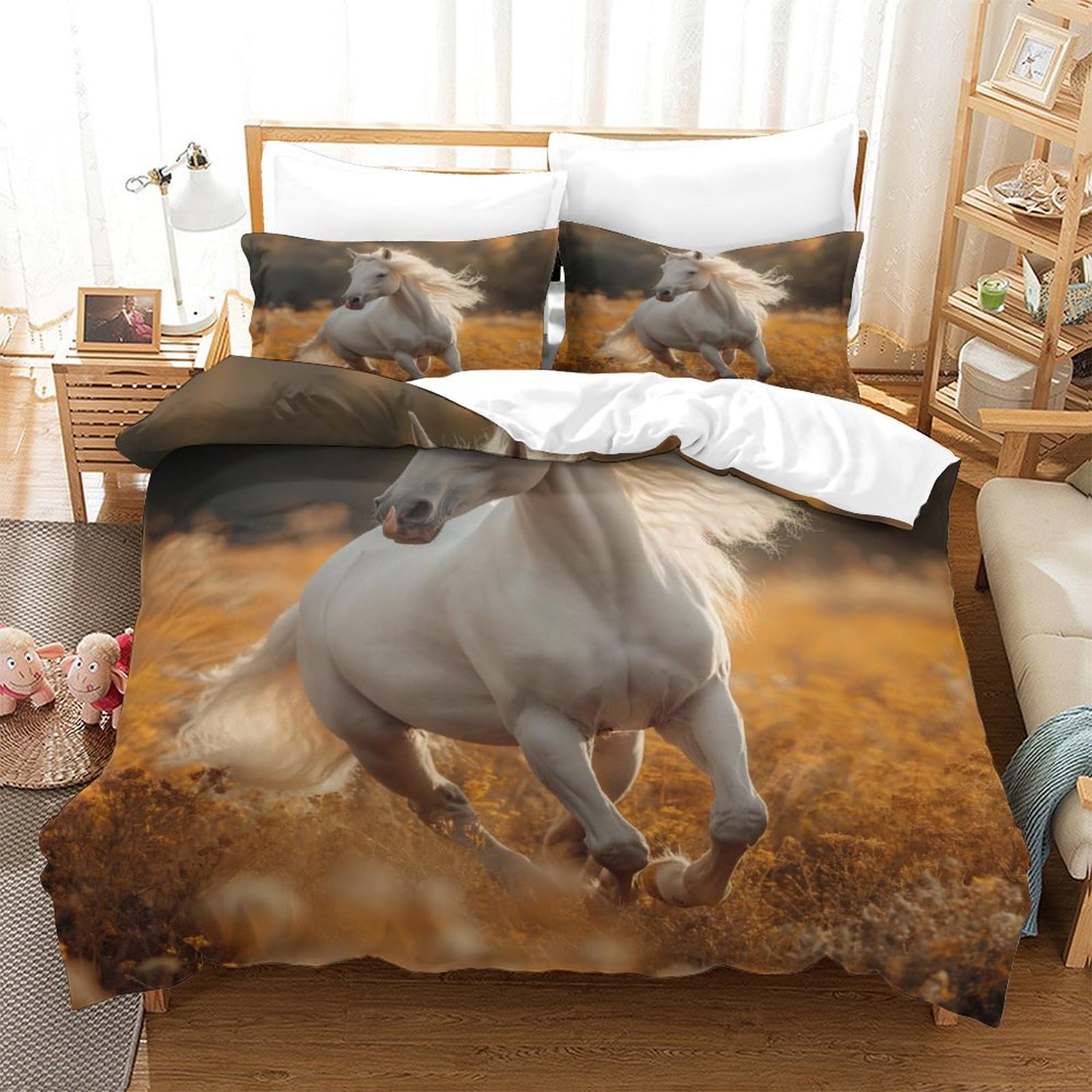 P1S9U7W5Y 3D Printed Running Horse Duvet Cover Set 3pcs Microfiber Horse Bedding Set King（220x240cm）
