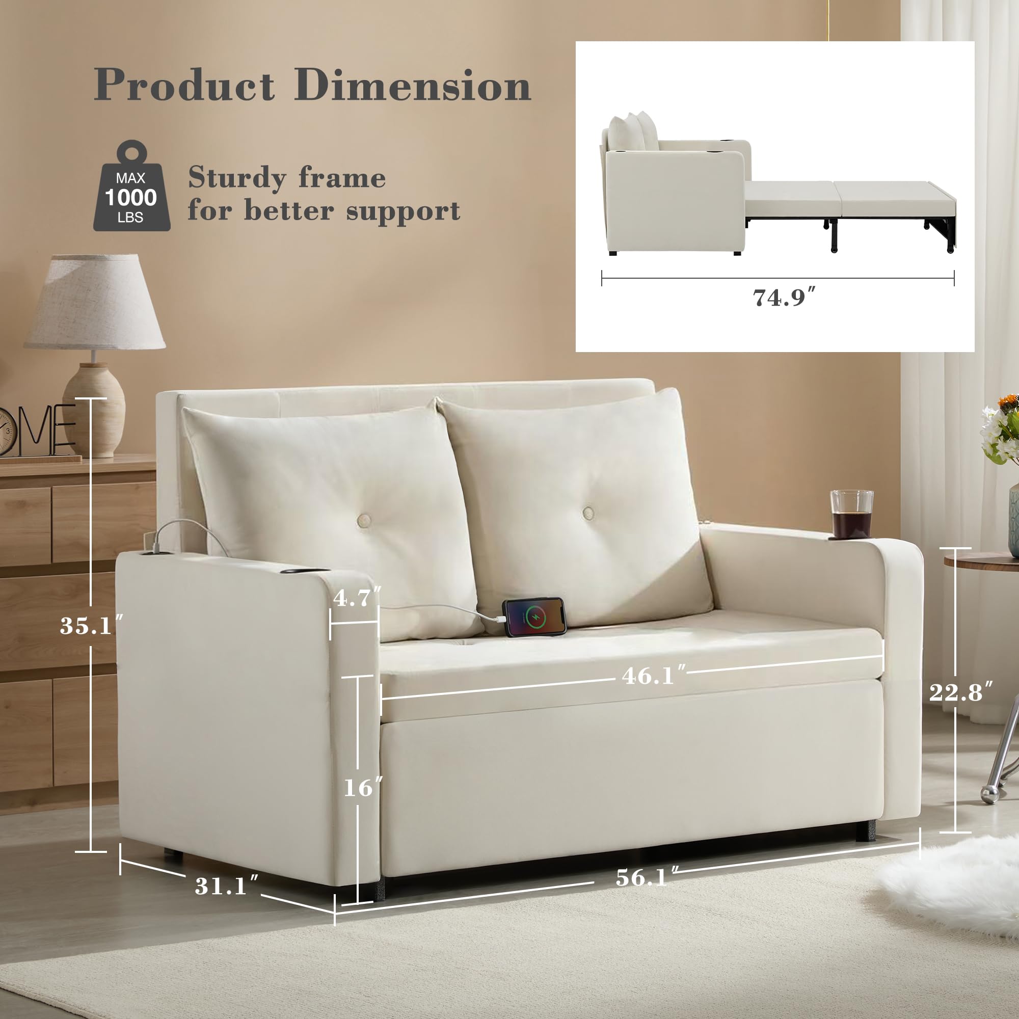 Condition photo showing New/Like New for krcix 3 in 1 pull out couch, 56 inch velvet sofa bed, convertible sleeper sofa for living room, small space, upholstered loveseat couch bed with usb, cup holder, beige