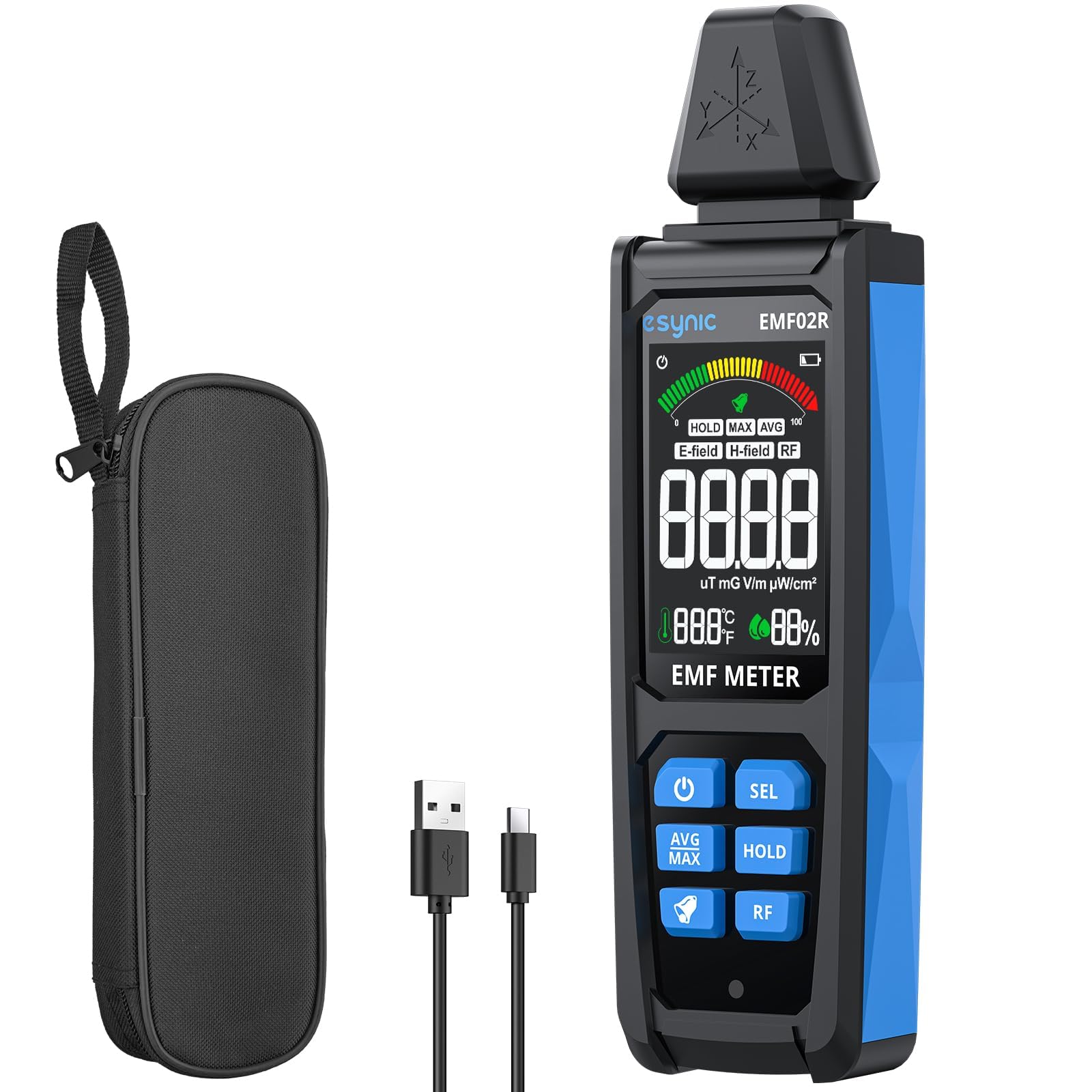 eSynic Portable 5 in 1 EMF Meter Digital Rechargeable Electromagnetic Field Radiation Detector with Large LCD Screen and Alarm Handheld EMF Reader for EF RF MF, WiFi Signal and Ghost Hunting