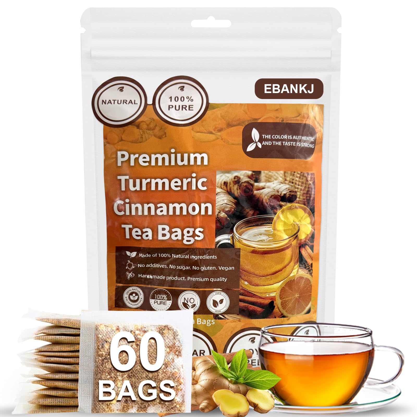 Turmeric cinnamon tea bag, handmade, caffeine free, relieves stress and enhances immunity, sugar free natural drink