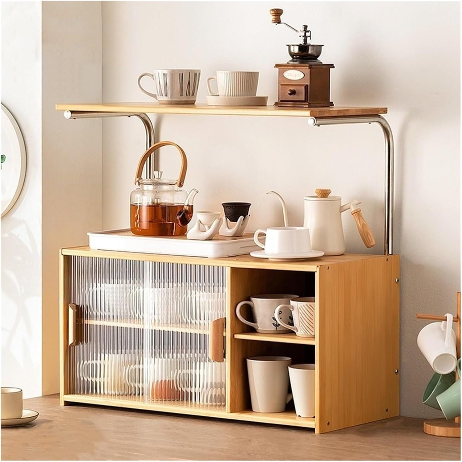 Kitchen Countertop Storage Cabinet with Glass Door, Freestanding Countertop Storage Cabinet, for Spice Seasoning Bottles Dishes Bowls,for Dining Room,kitchen(Natural)