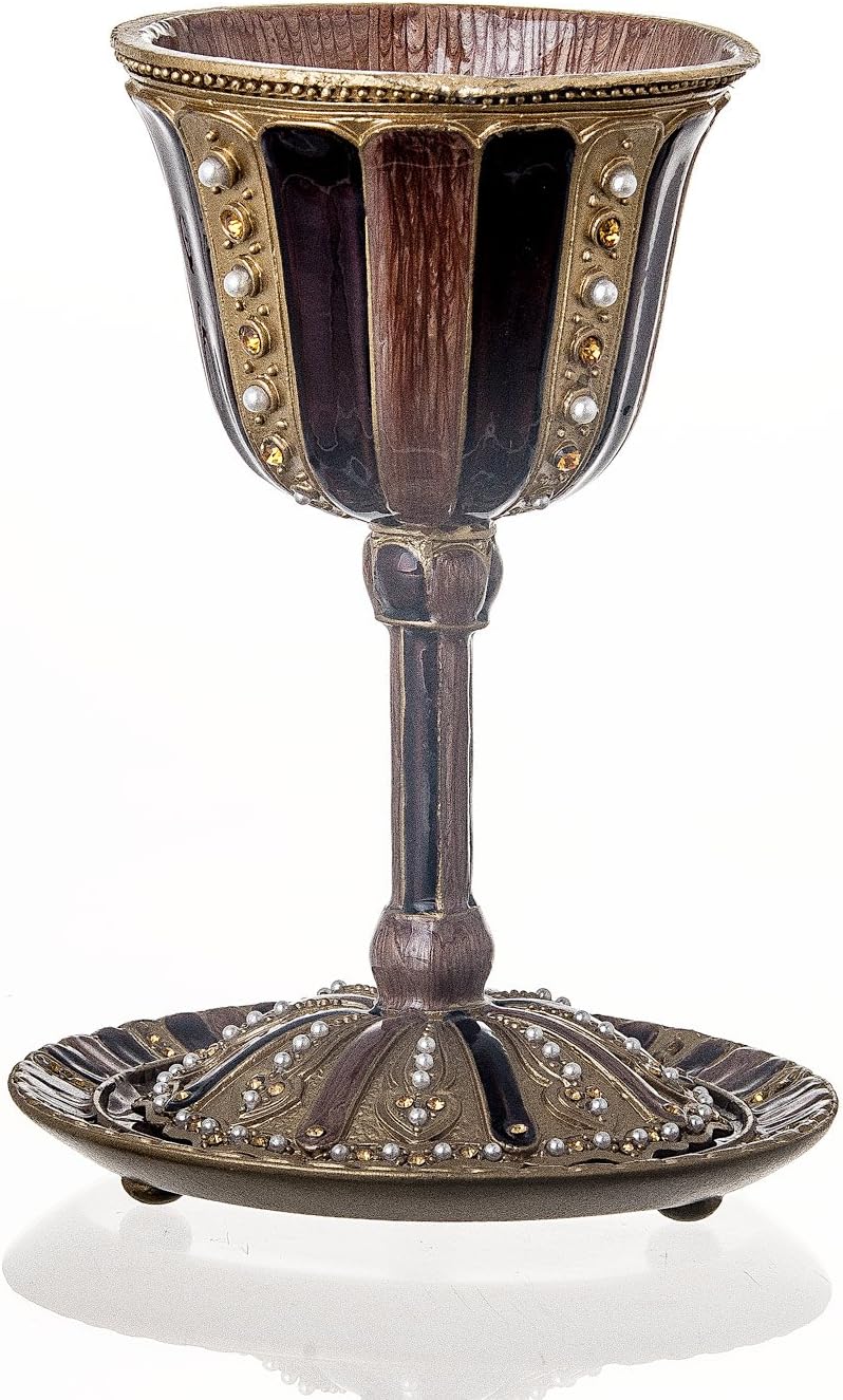 Jewish, Shabbat Elegant Jeweled Enamel & Pearls Kiddush Cup, Saucer included, Gift Box Included. 4.75" Tall