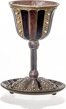 Jewish, Shabbat Elegant Jeweled Enamel & Pearls Kiddush Cup, Saucer included, Gift Box Included. 4.75" Tall