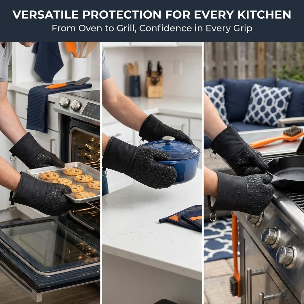 Xlnt Extra Long Oven Mitts (Black) | Teflon EcoElite Water Repellent | Heat Resistant for Oven Cooking, Grill & BBQ | Non Slip Gloves with Teflon EcoElite Finish, Cotton Lining & Hanging Loop