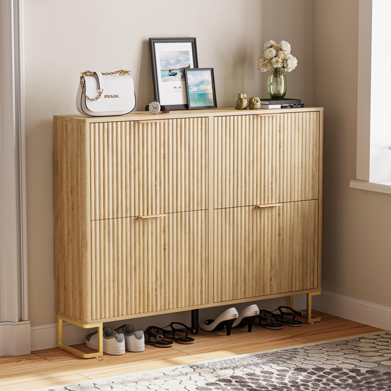 Fluted Shoe Cabinet Storage with 4 Flip Drawers, Adjustable 2-Tier Shelf