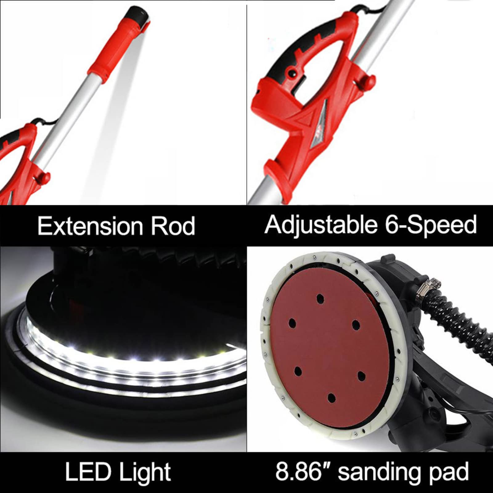 Lijadora de paneles de yeso 850 W, lijadora de paneles de yeso eléctrica de alta resistencia con accesorio de aspiradora Velocidad variable ajustable con luz LED, 100 almohadillas de arena diseñadas