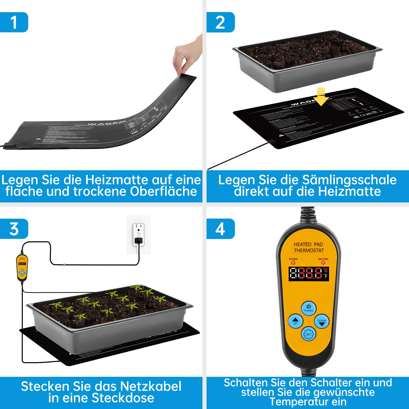 WADEO Heizmatte für Pflanzen 60 x 42 cm, Sämlinge Heizmatte Wärmematte mit Thermostat 5°C bis 45°C, Anzuchtmatte Gewächshaus Wärmematte für Setzlingskeimung, Sämling Germination, Terrarium