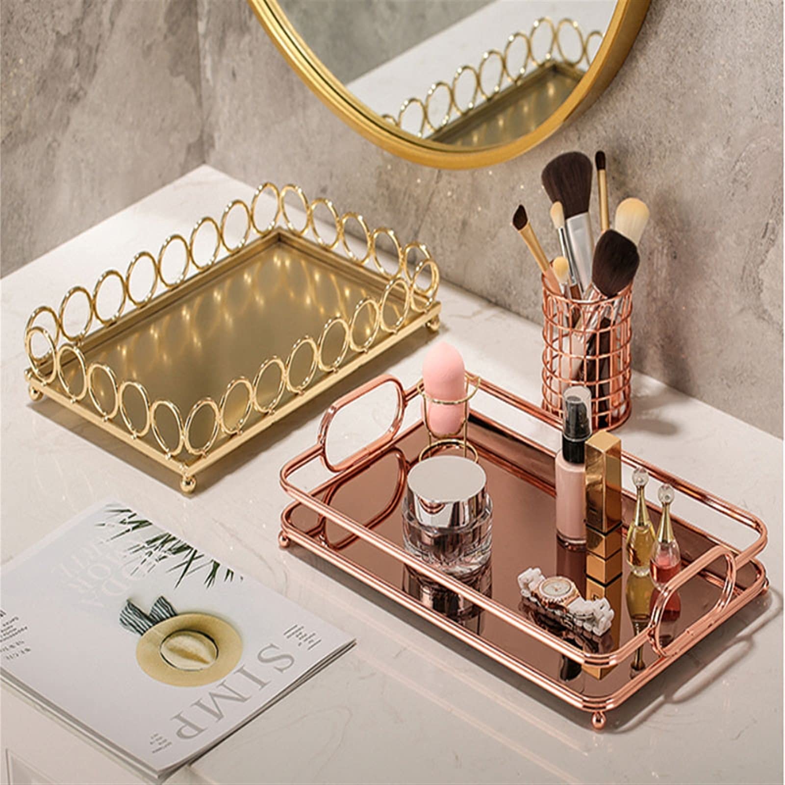 Bandejas Bandejas de Almacenamiento de Vidrio Simple Decorativo Espejo Cosmético Bandeja Collar de joyería Placa de visualización Placa de visualización Decoración de la Mesa Tray