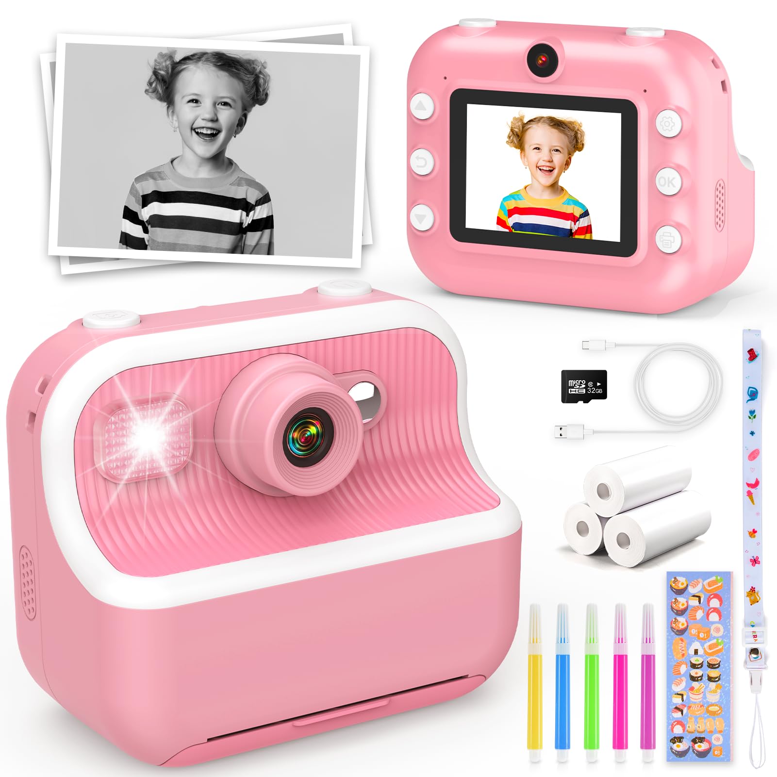 Dancial Macchina Fotografica Bambini Istantanea, 2,4 Pollici Fotocamera Bambina con Carta da Stampa e 32G, 12MP/1080P HD Videocamera Digitale con Stampante, Regalo Bambina Bambino 3-12 Anni (Rosa)
