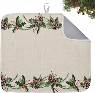 Vintage Pine Cone Dish Drying Mat 16x18 inch Green Leaf Winter Plant Christmas Pastoral Absorbent Microfiber Dish Drying Pad for Kitchen Countertops Sink Dish Drainer Racks Coffee Bar Mats 1 Pack