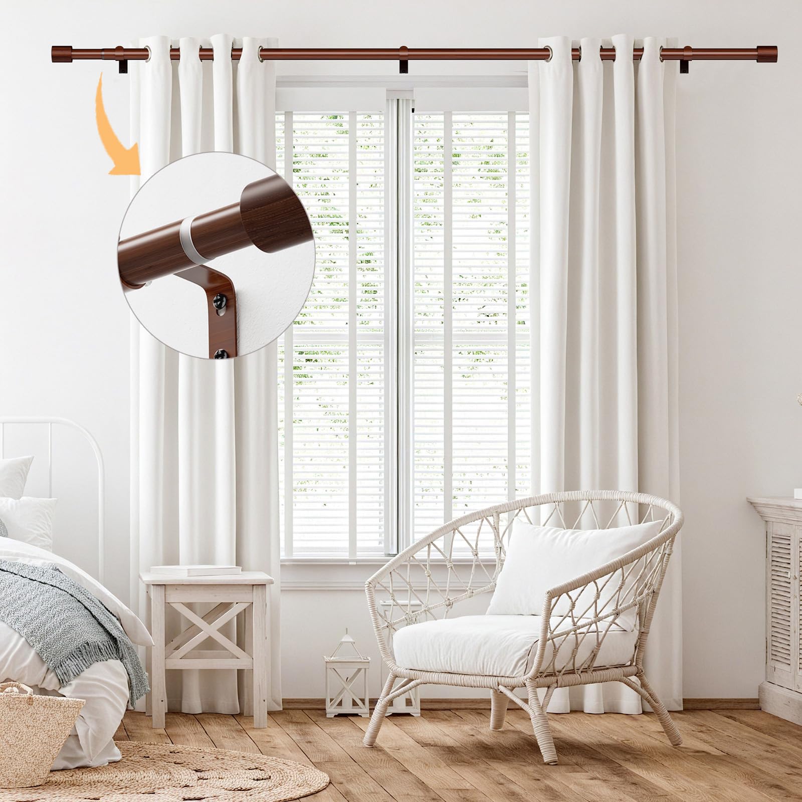 Asta per Tenda Effetto Legno, 89-236cm, Asta Estensibile in Metallo da 25mm di Diametro con Texture a Effetto Legno Marrone, Asta per Tenda in Legno per Finestra o Porta