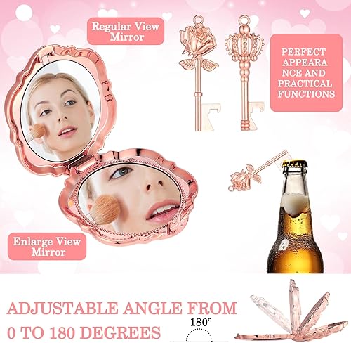 Miniatura 3 de Juego de 50 recuerdos de fiesta de boda, incluyendo espejos compactos de rosa, espejo de maquillaje, abridor de botellas, bolsas de organza blanca,