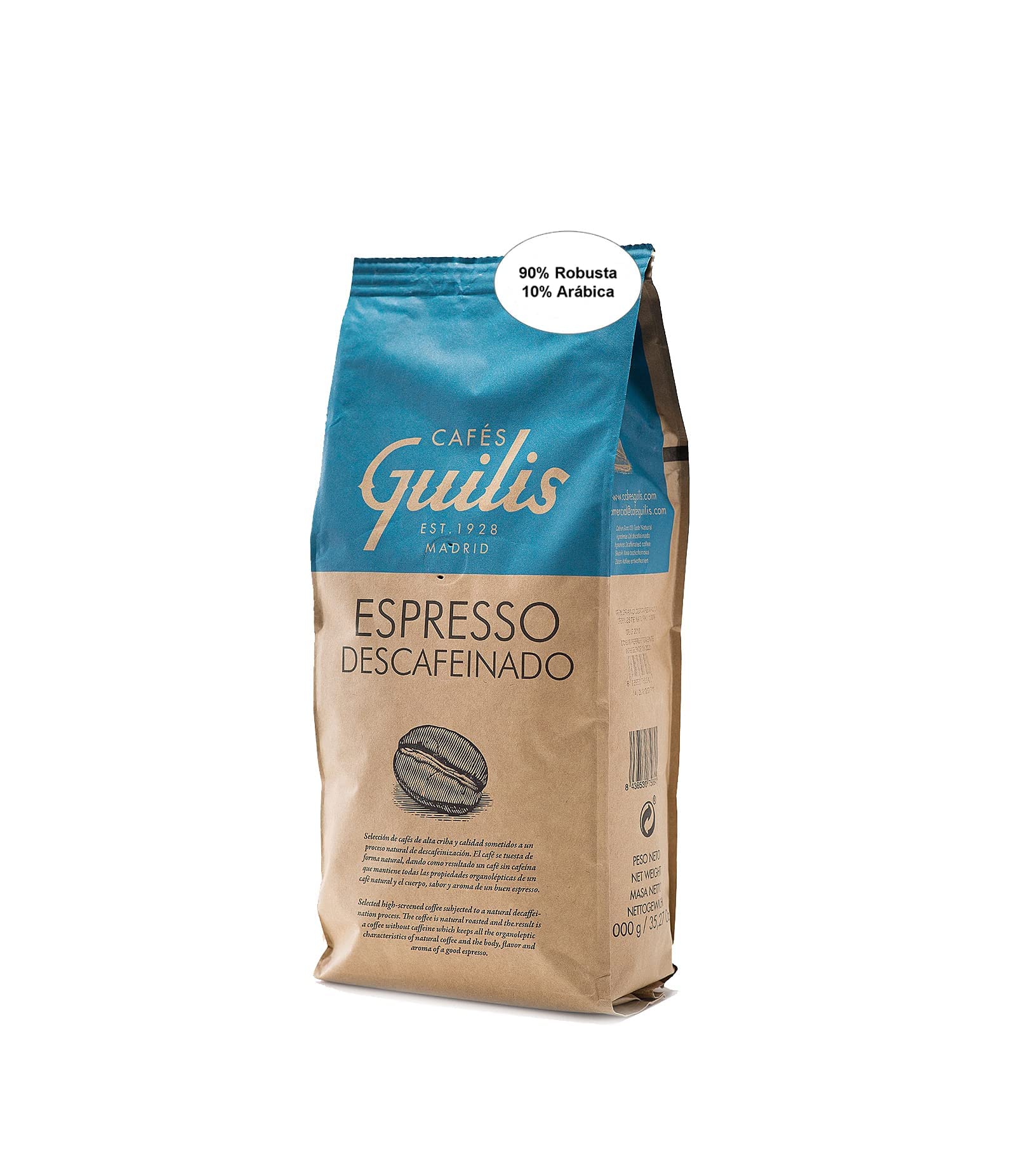 CAFES GUILIS DESDE 1928 Café Descafeinado en Grano 1 kg - Mezcla Intensa - Tueste Natural
