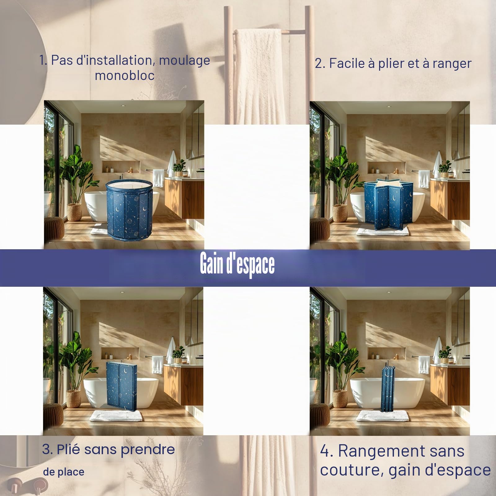 Baignoire de trempage pliable 80 x 65 cm pour adultes, avec coussin d'assise, tuyau d'évacuation et sac de rangement, parois isolées pour la conservation de la chaleur, double trous de drainage, peu
