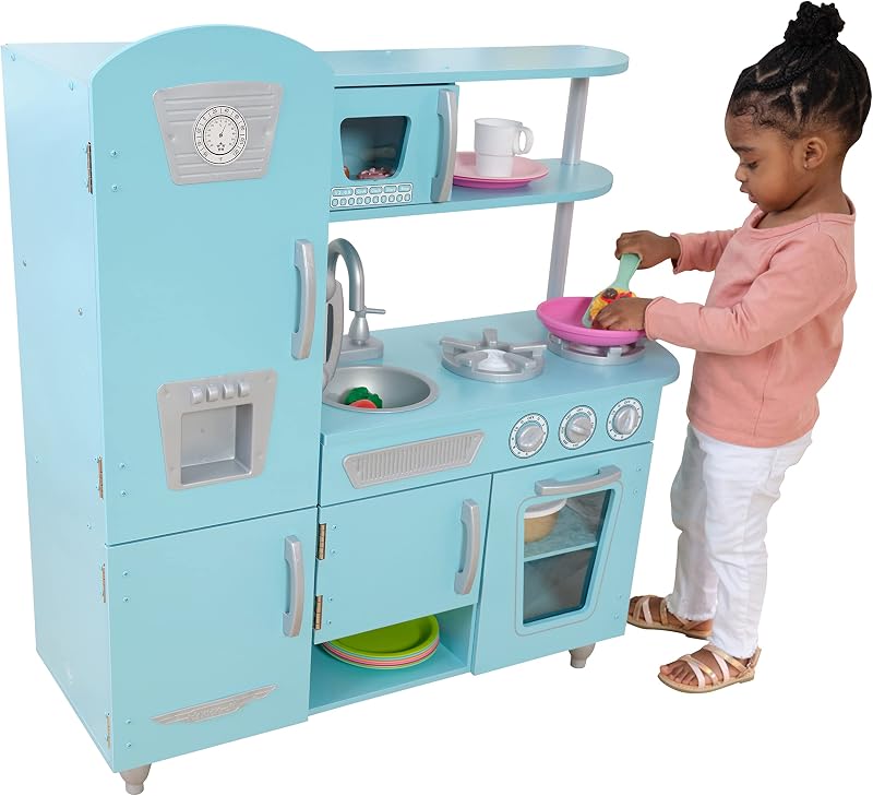 Cocina de juguete vintage de madera con máquina de hacer hielo y teléfono, azul | Retro con refrigerador, grifo, fregadero, gabinetes, perillas giratorias, regalo para niños a partir de 3 años