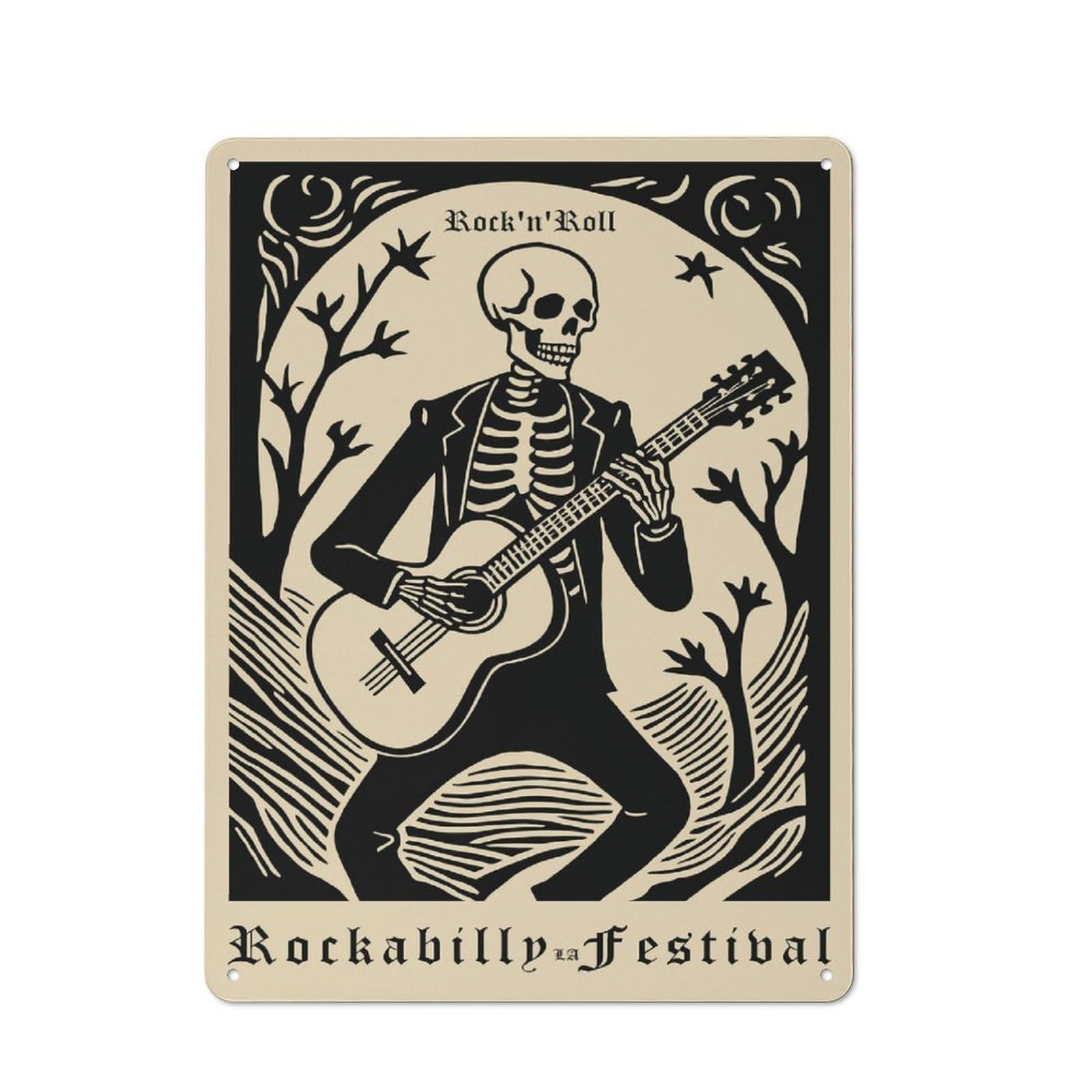 Junmoney Style-14 Rocknroll Rockabilly Festival Skeleton Guitarist Retro Metal Wall Decor 40X30cm, Vintage Tin Sign For Coffee Bar, Kitchen, Bistro Or Tea Corner