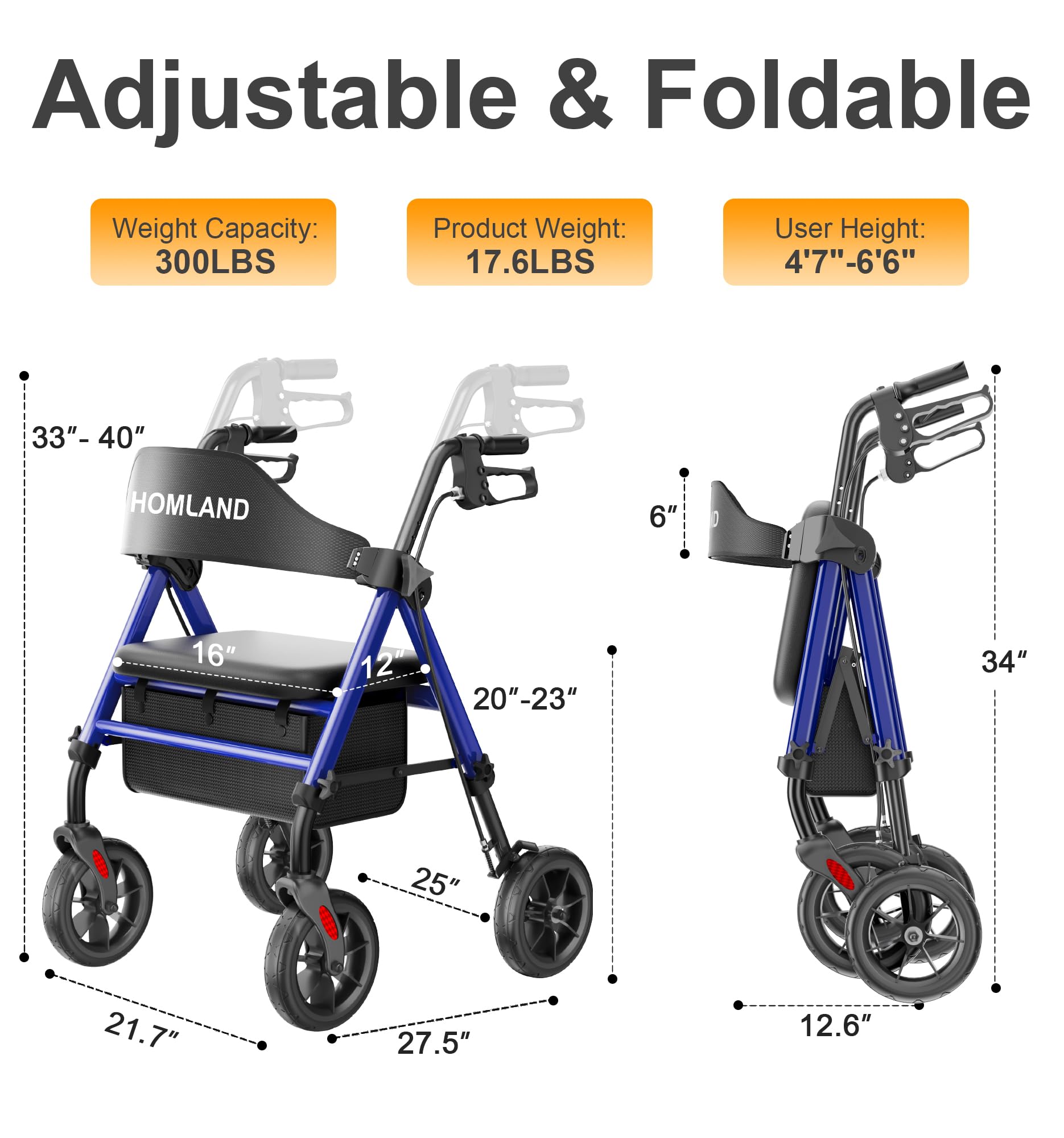 HOMLAND Rollator faltbar und leicht mit Sitz, Tasche und Getränkehalter | Doppelquerstrebe Walker mit Tasche, Rollatoren schmal für Wohnung mit 20 cm All-Terrain-Reifen, Sitz & Griff höhenverstellbar