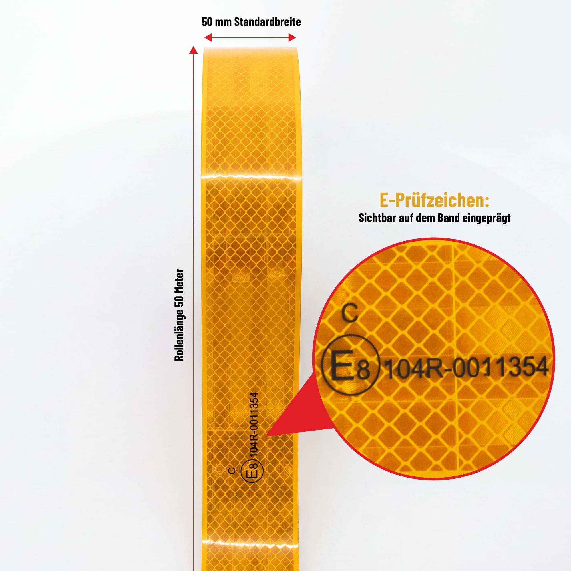 Cinta reflectante autoadhesiva – E Mark ECE R104 Clase C – Ámbar – 50 m x 5 cm – Cinta reflectante – Conspicuous Warning Tape para camiones, remolques, remolques y vehículos comerciales