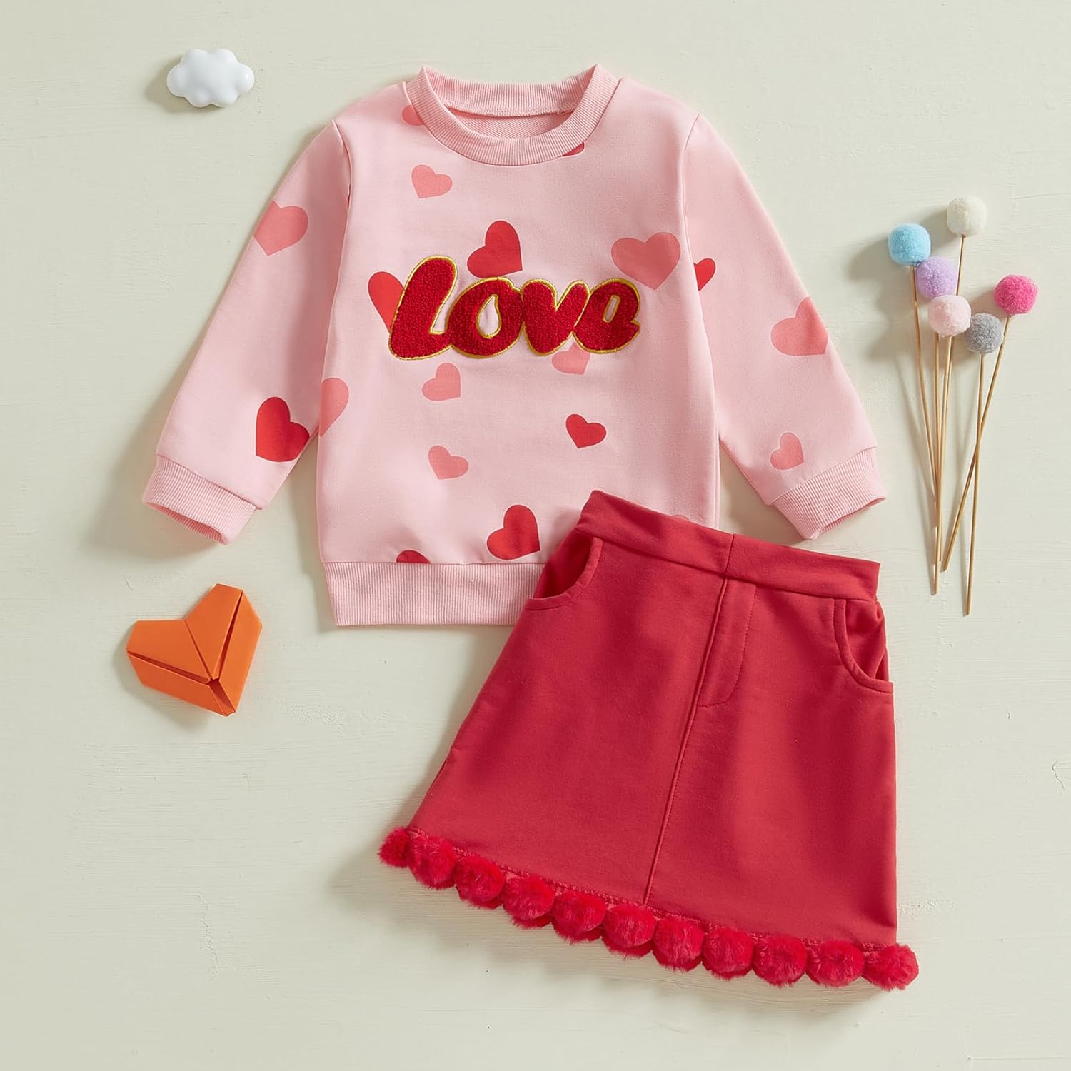 Kayotuas Toddler Girl Valentines Outfit Love Heart Sweatshirt Long Sleeve Shirt and Red Skirts Set Cute Winter Spring Clothes - Image 2