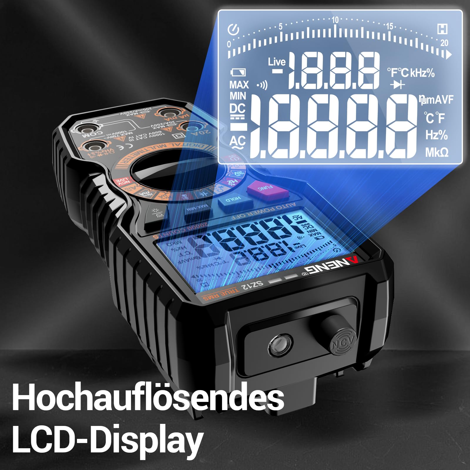ANENG Multimeter, 20000 Counts TRMS Voltmeter, Max/Min,AC/DC,NCV für Kfz | Misst AC/DC-Spannung und -Strom, Widerstand, Kapazität und Dioden; großes LCD mit Hintergrundbeleuchtung,Magnethalterung