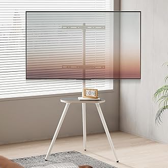 Tripod Easel TV Stand for 43 to 65 Inch LCD Led Screen, Height Adjustable and Swievel TV Stand, Portable TV Floor Stand with Wooden Tray for Bedroom, Living Room, Studio, Metal White.