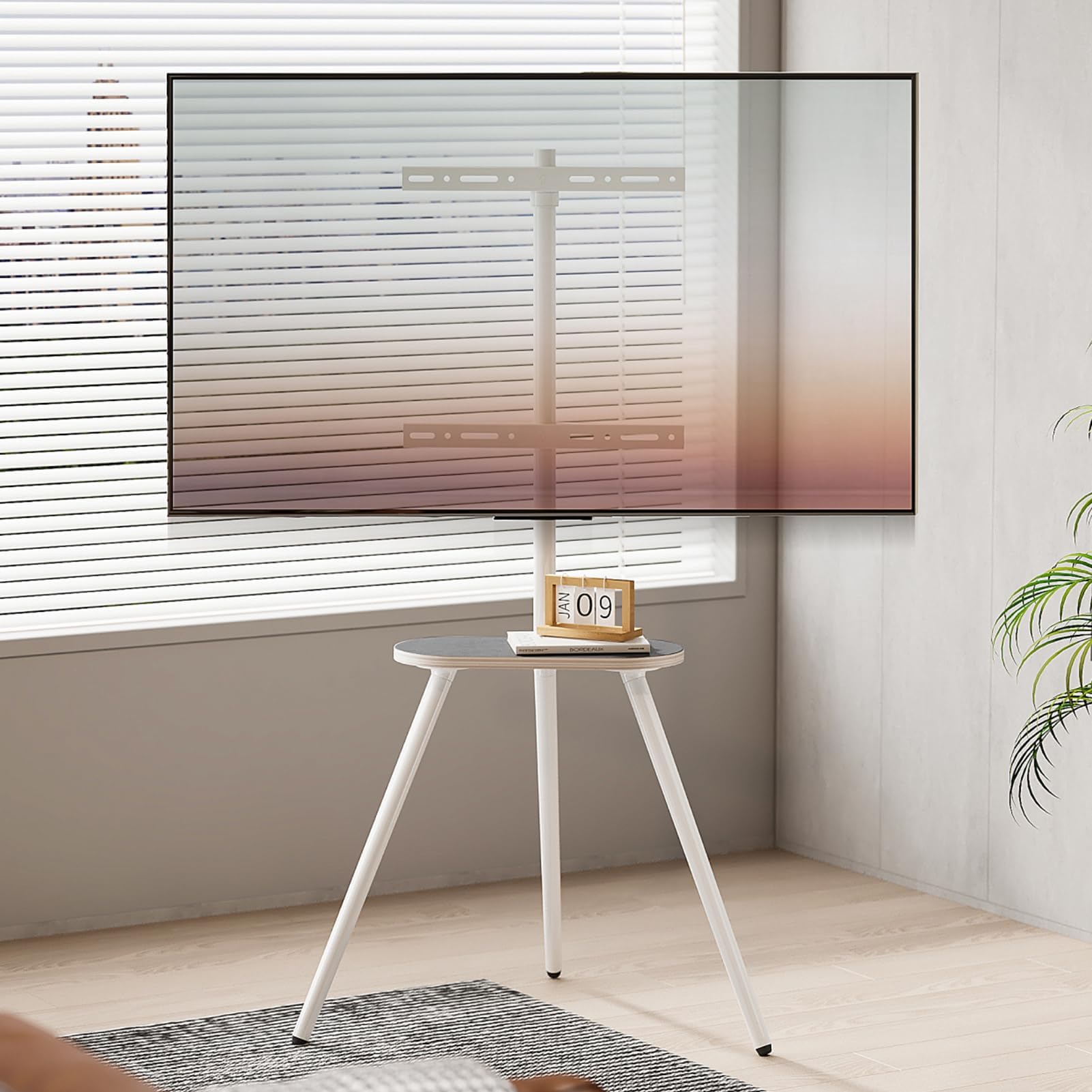 Tripod Easel TV Stand for 43 to 65 Inch LCD Led Screen, Height Adjustable and Swievel TV Stand, Portable TV Floor Stand with Wooden Tray for Bedroom, Living Room, Studio, Metal White.