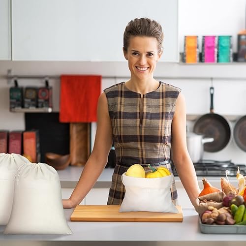 Miniatura 10 de Pangda 15 bolsas de tela de muselina con cordón de lona grandes bolsas de almacenamiento de algodón reutilizables para comestibles, bolsa de bolsa