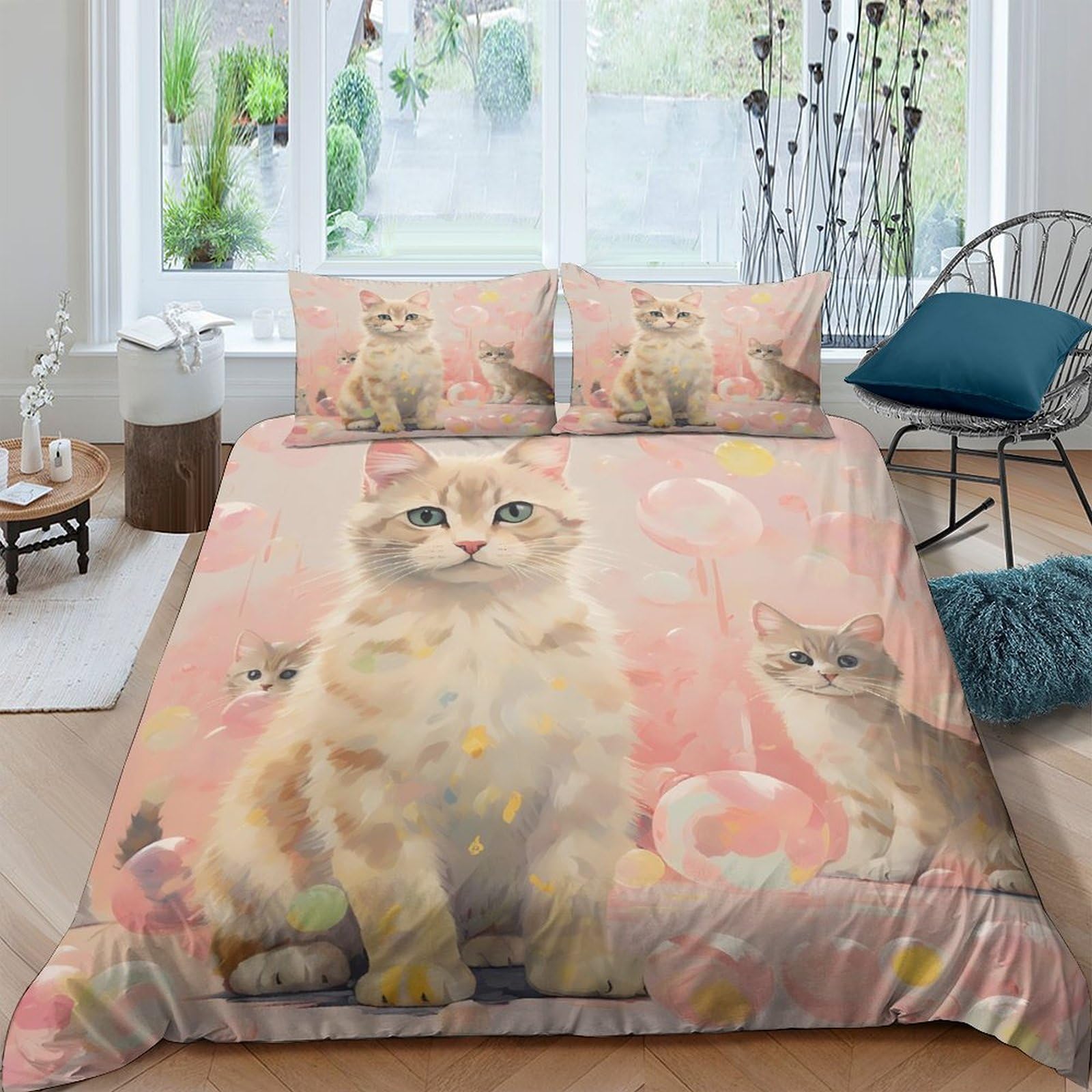 GPLZQXKJNH 3D Printed Ginger Cat Duvet Cover Microfiber Soft Breathable Kitten Bedding Set with 2 Pillowcases for Bedroom Décor Single（135x200cm）