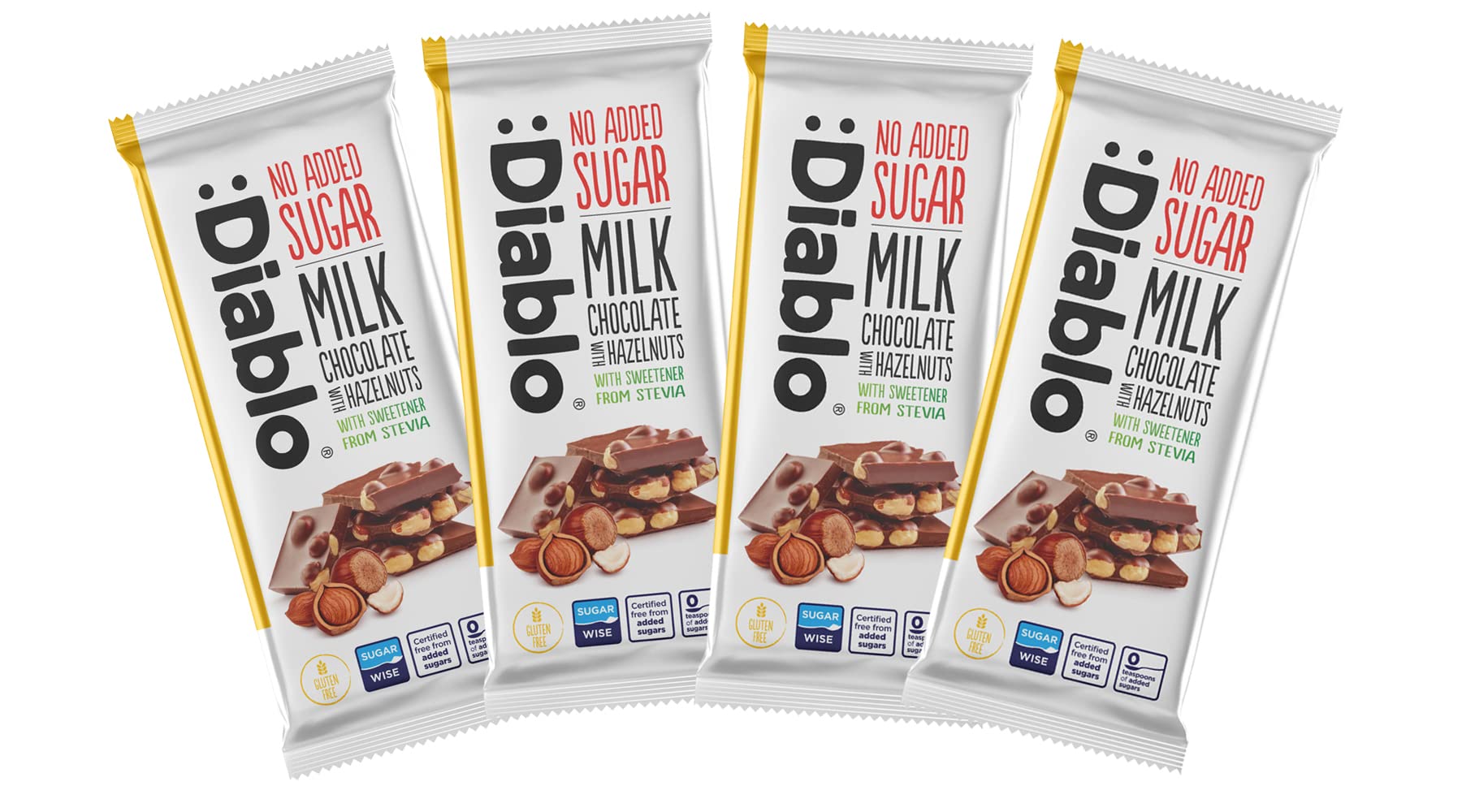 Diablo Milk Chocolate with Hazelnuts | Sweetened with Stevia | No Added Sugar | Gluten Free | Chocolate Hamper Available - Perfect for Gifting | 75g (Pack of 4)