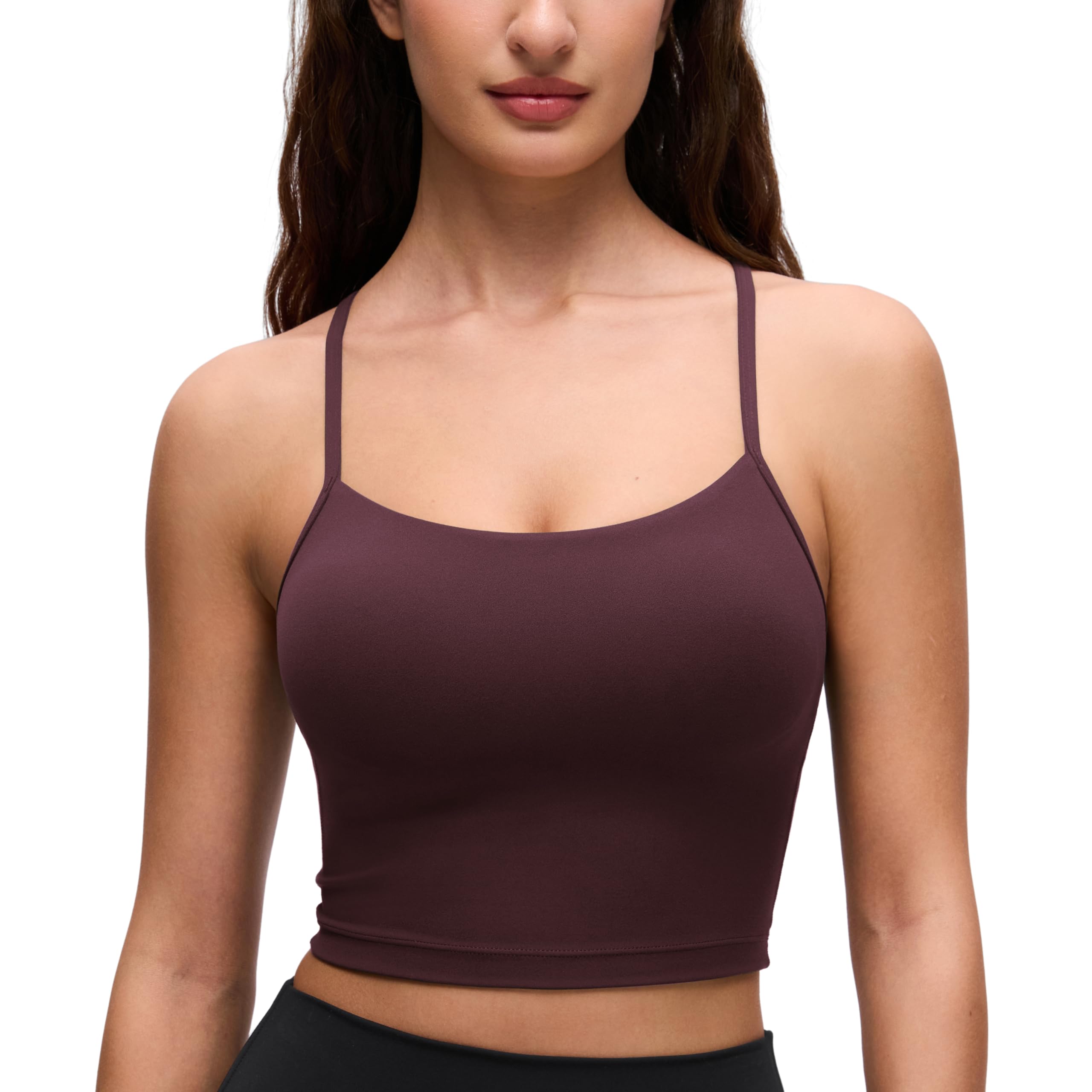 CRZ YOGA Women's Butterluxe Y Strappy Back Sports Bra - Longline Padded Yoga Bra Spaghetti Straps Workout Crop Top Ripe Plum 12