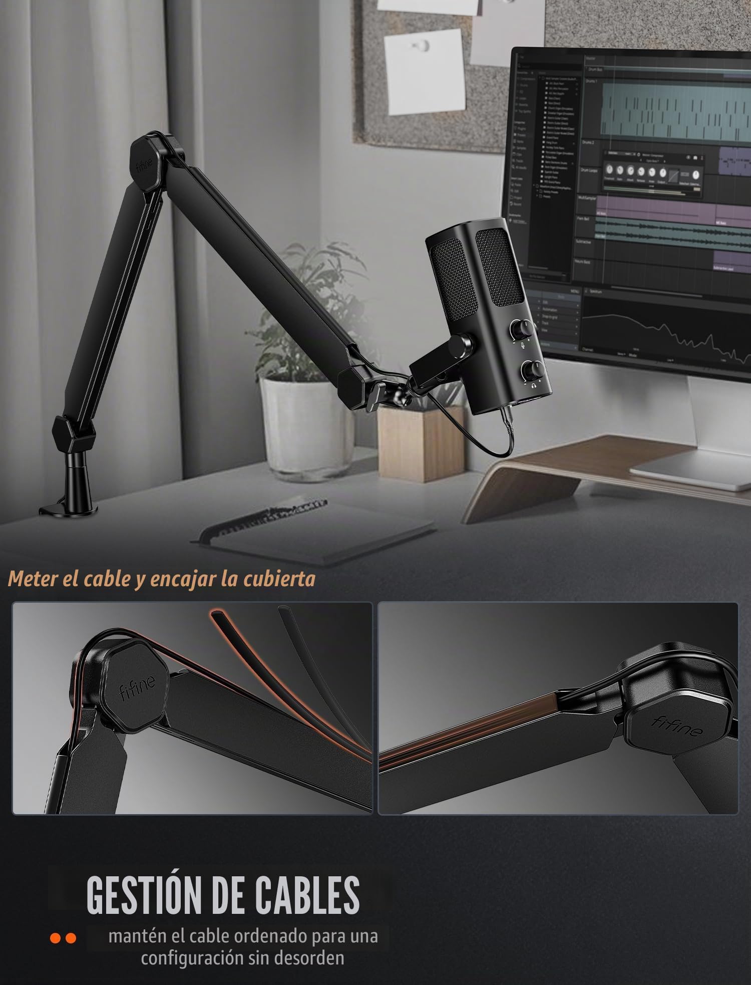 FIFINE Brazo de micrófono, soporte de micrófono con canal de gestión de cables, totalmente ajustable, soporte de micrófono de metal resistente con abrazadera de montaje de escritorio para grabación de
