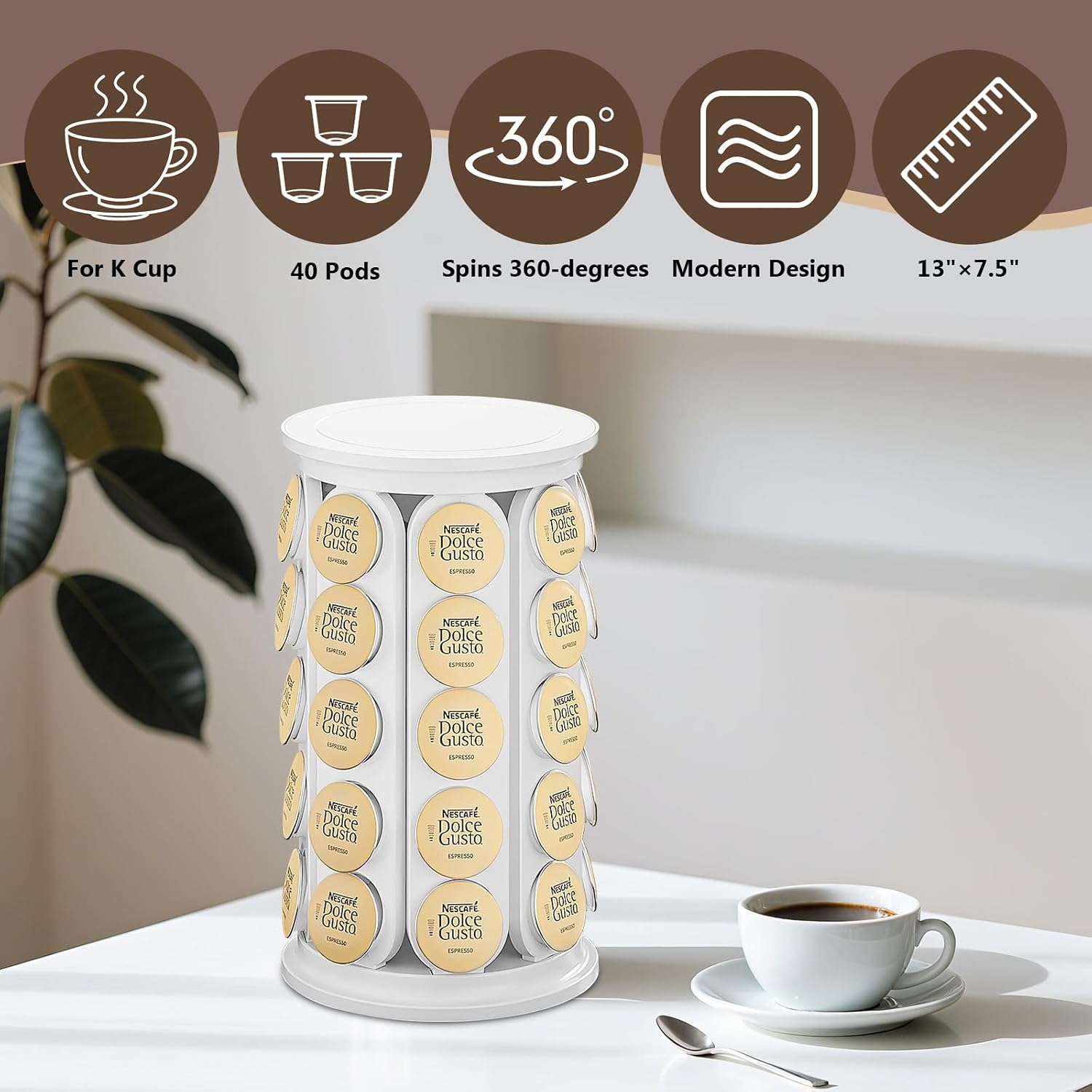 Soleebee Coffee Pod Carousel Holder Coffee Capsule Storage Organizer Compatible with 40 Keurig K-Cup Pods, Home or Office Kitchen Counter Organizer (White)