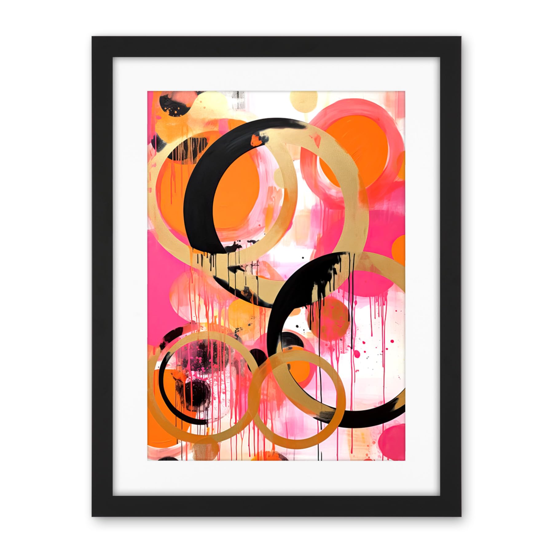 Artery8 Abstract Circles Oil Painting Bright Pink Orange Gold Black Geometric Drip Paint Artwork Framed Wall Art Print 18X24 Inch