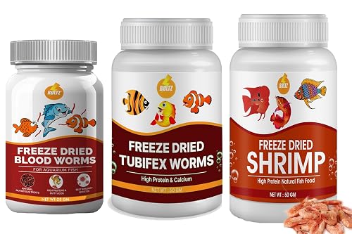 BOLTZ Freeze Dried Shrimp 50gm, Blood Worm 25gm & Tubifex 50gm, Treats Fish Food, Natural Food for Freshwater and Marine Fish for All Life Stages (125gm,Combo Pack of 3)