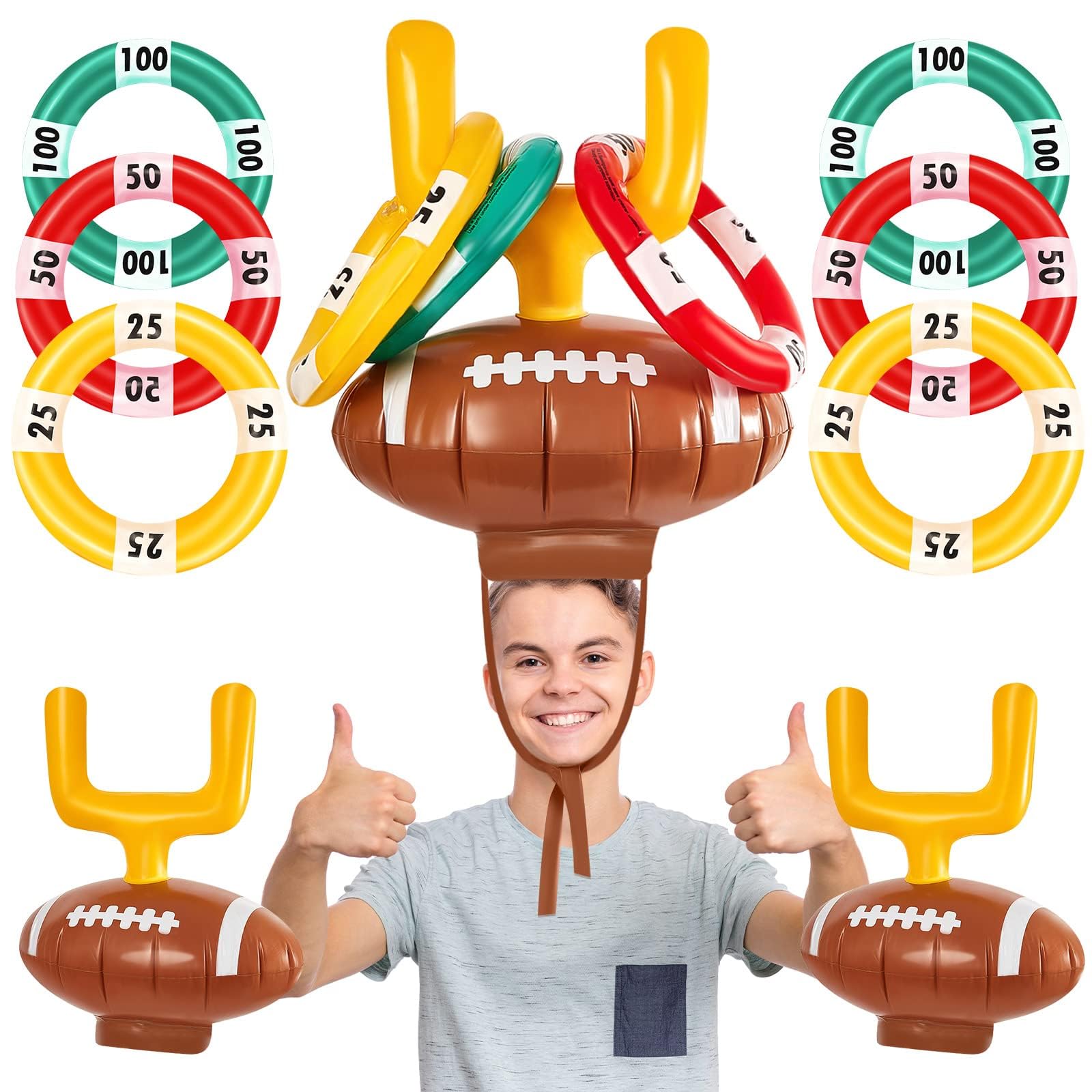 KASTWAVE Inflatable Post Ring Toss Football Goal Post Ring Toss Game Include 2 Pieces Toss Post Hat 6 Pieces Ring Toss Goal Post for Boys Girls Football Party Games(2 Set)