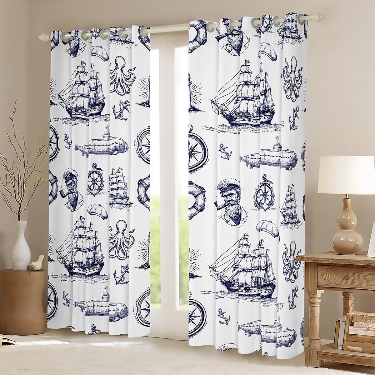 Castle Fairy Nautical Sailboat Window Curtain,Compass Submarine Curtains for Kids Girls Boys Teens,Anchor Pirate Sailor Window Treatment Navy Blue White Bedroom Decor,2 Panels,42Wx63L