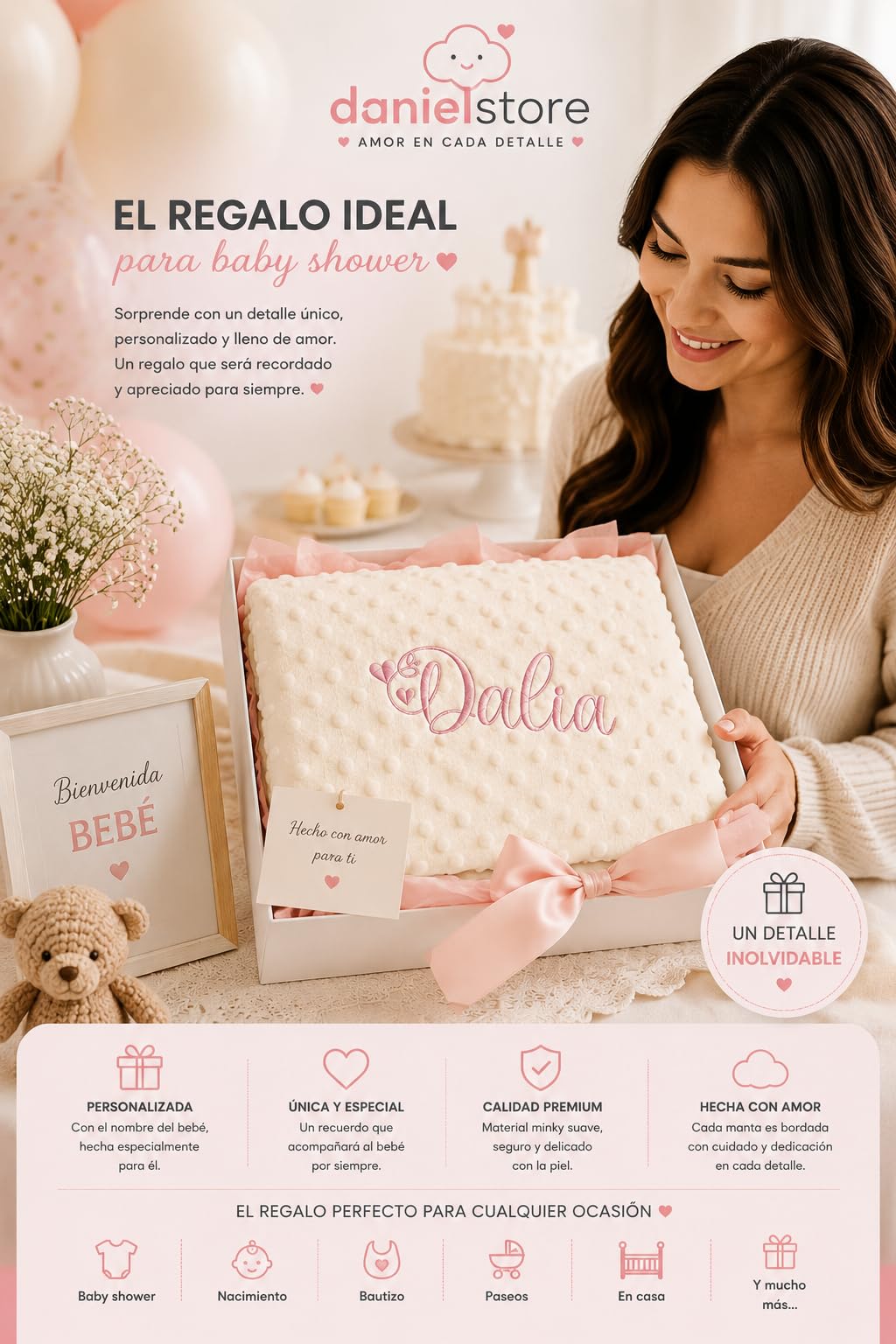Danielstore-Manta Bebé Personalizada con Nombre Bordado – Mantita Coralina Ultrasuave 80x110 cm – Manta para Cuna, Carrito y Moisés – Cálida y Transpirable – Regalo para Recién Nacido y Baby Shower