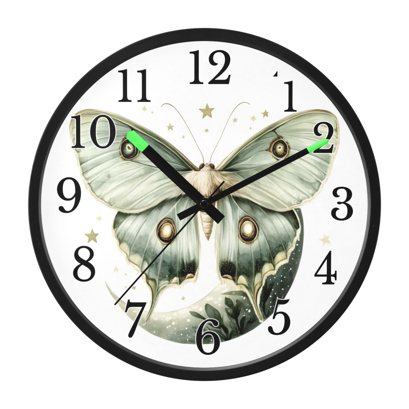 Mnsruu Reloj de pared luminoso Luna polilla luna blanca estrellas reloj de pared brilla en la oscuridad relojes de pared funciona con pilas, 12 pulgadas, silencioso, sin tictac, luz nocturna para