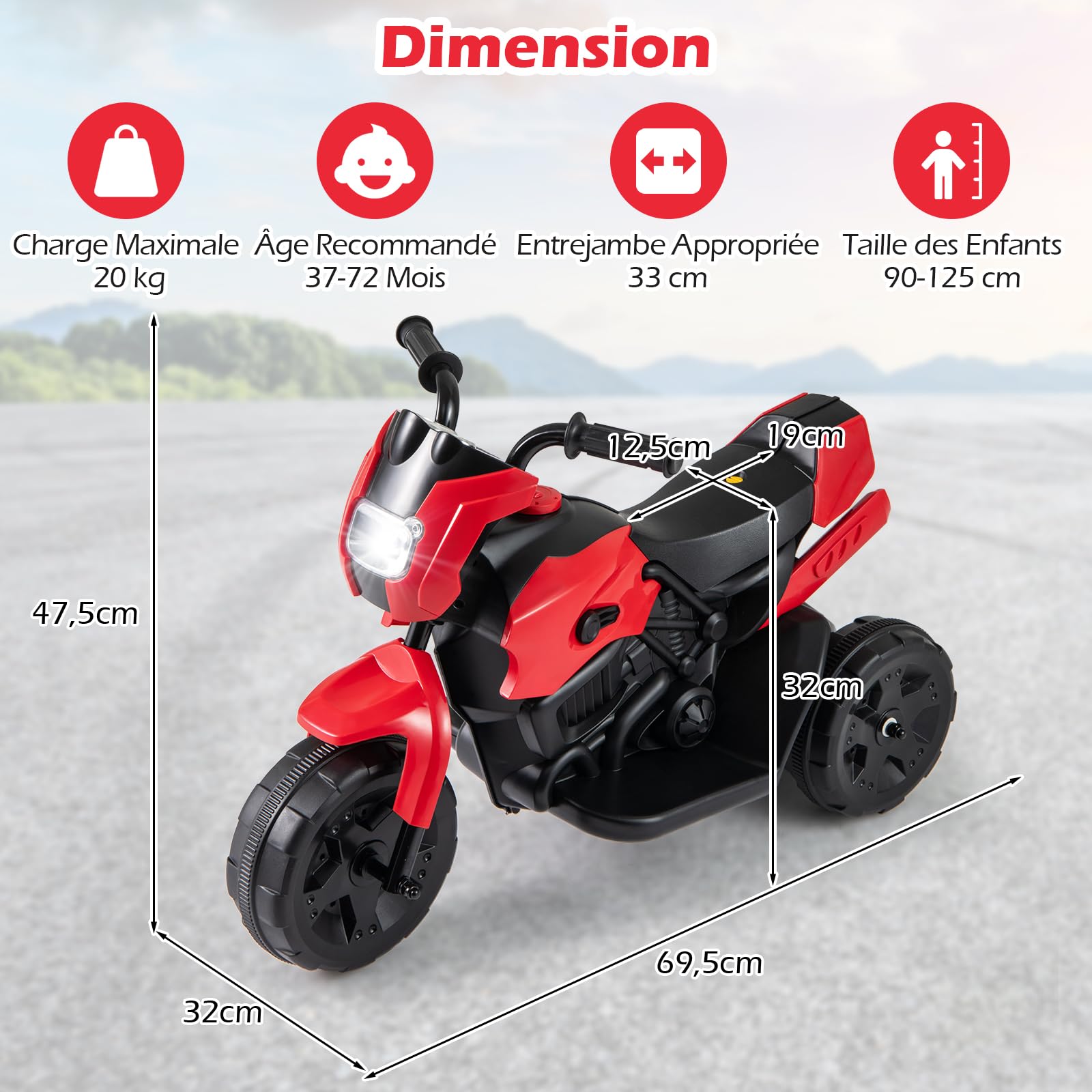 GOPLUS 6V Moto Électrique Enfants 3-6 Ans à 3 Roues, Voiture Electrique Enfant Phare LED, Pédale, Direction Limitée, 2-3 km/h pour Enfants Filles et Garçons, Charge 20KG (Rouge)